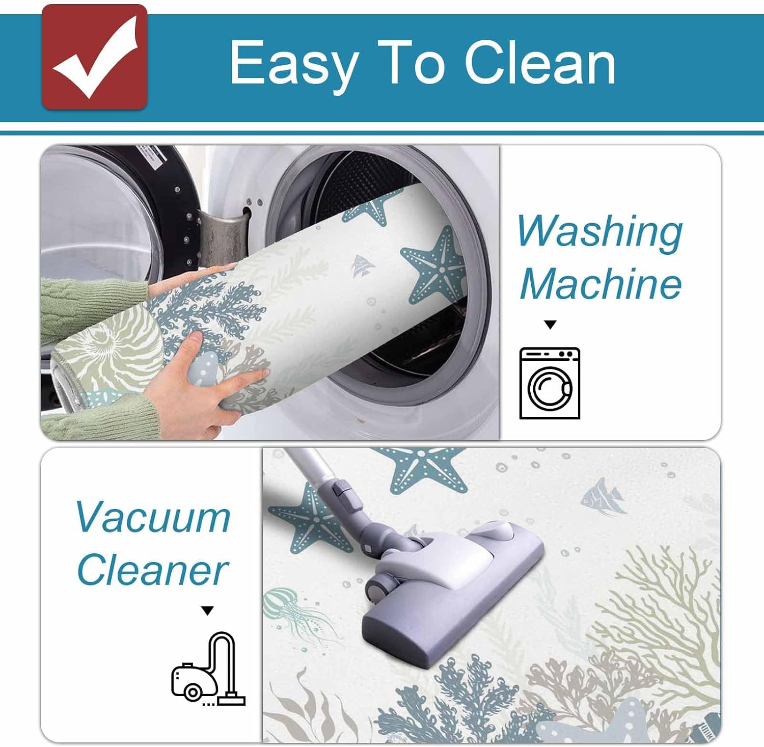 Summer Marine Life Kitchen Mats Set of 2 Watercolor Sea Fish Ocean Starfish Conch Non Slip Mat Washable Floor Rug for Kitchen Sink Floor Laundry, 20"x24"+20"x48"