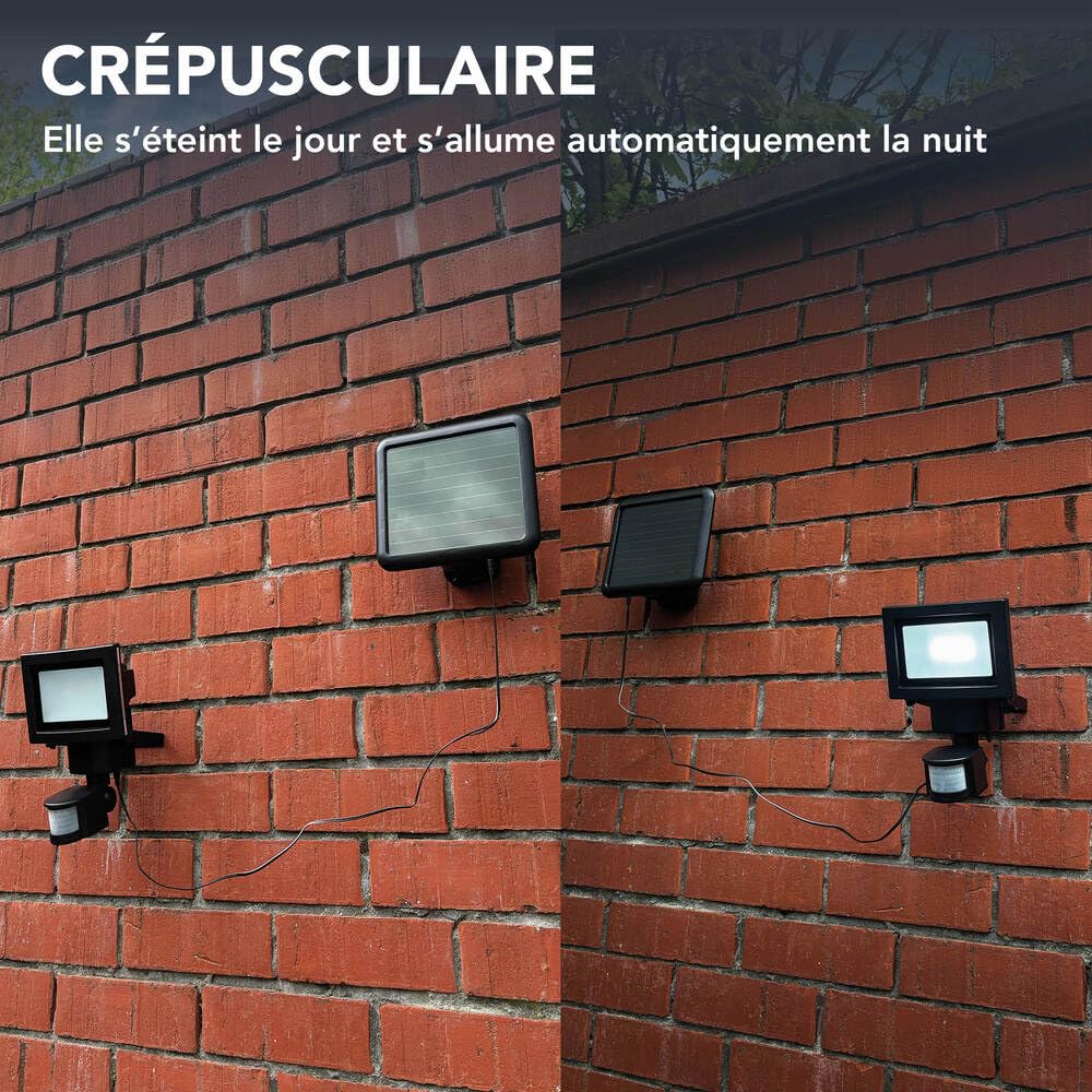 Projecteur Solaire LED Noir, 7.5W, 630 lumens, IP44, 6900K blanc-froid, détecteur de mouvement, Inter 3 positions On/Off/Auto - Tibelec