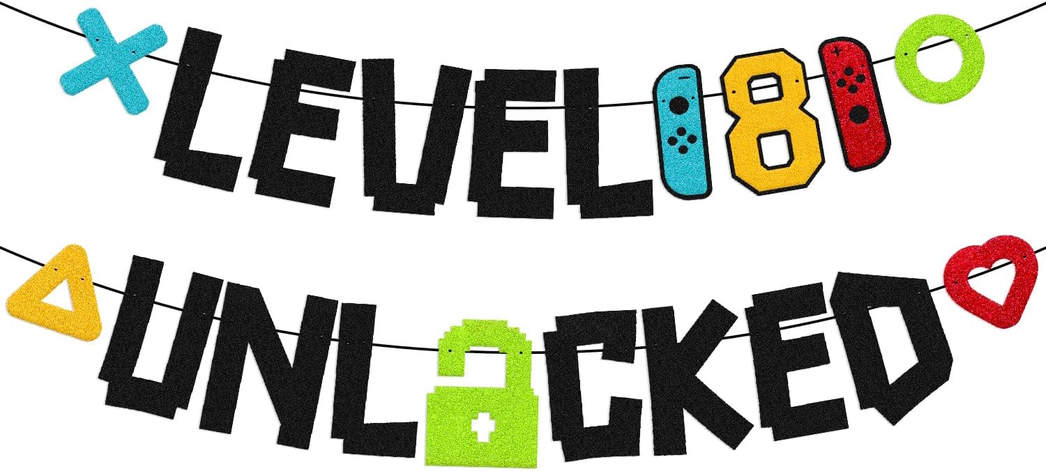 Level 8th Unlocked Sign Banner Happy 8th Birthday Level Up Eighth Bday Party Decorations for Video Game Controller Themed Kids Boy Girl Birthday Event Celebration Supplies Double Sided