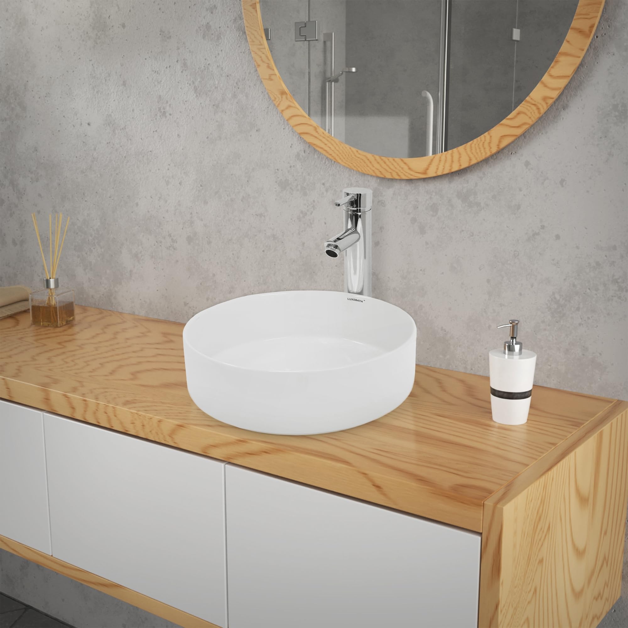 ECD Germany Lavabo Ronde en Céramique, Ø 355 x 120 mm, Blanc, avec Garniture de Vidage 1 1/4, pour Lavabo sans Trop-Plein, Vasque à Poser, Évier Moderne, Lave-Mains, Cuvette Salle de Bain Toilette