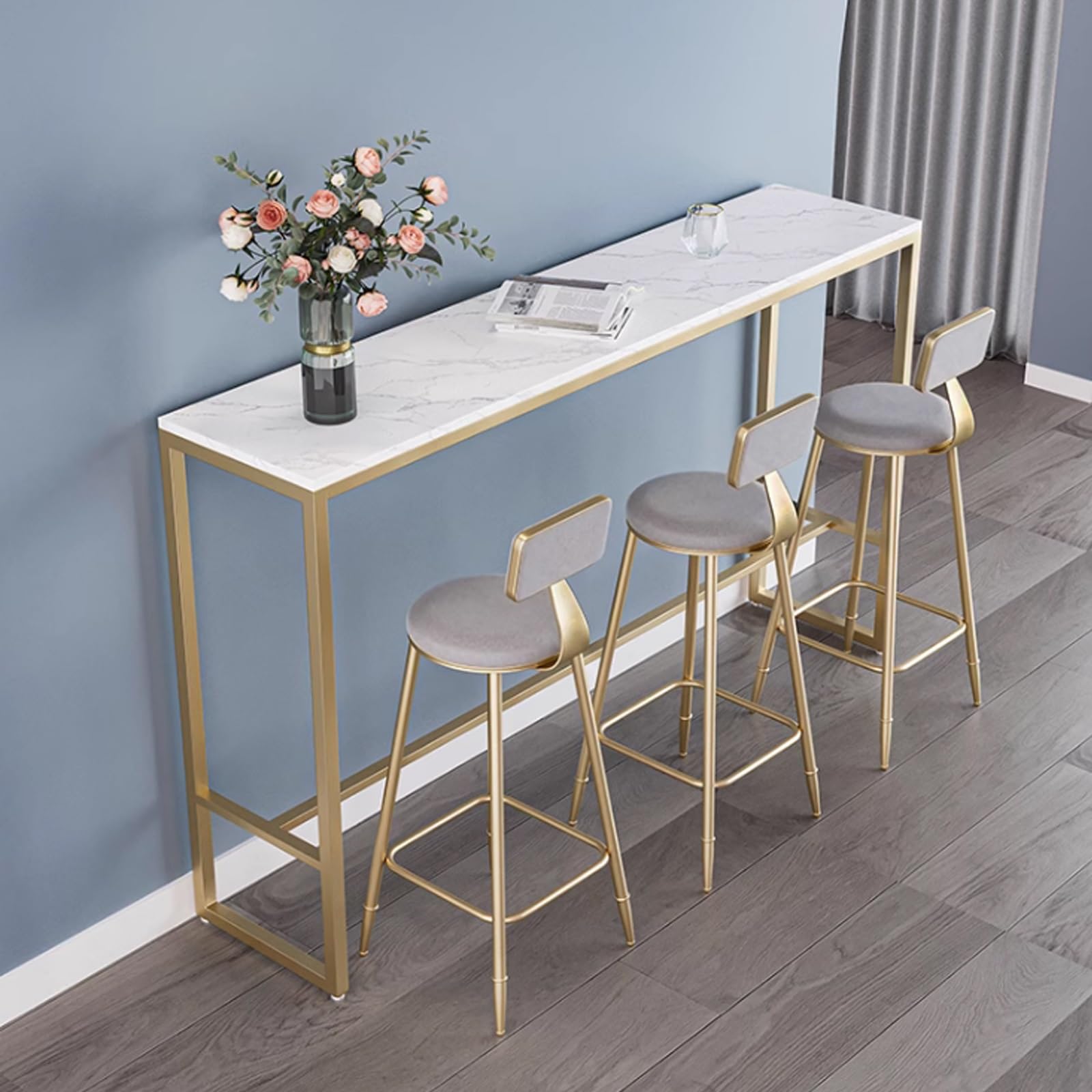 Table de bar industrielle moderne avec base en métal, parfaite pour les petits espaces, la cuisine ou l'extérieur, table de comptoir avec tables d'appoint blanches 140 cm x 40 cm x 80 cm