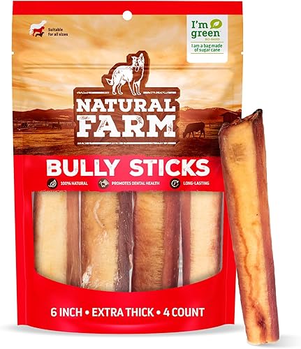 Natural Farm Bully Sticks Jumbo (6 pulgadas, paquete de 4), sin olor, masticables extra gruesos para perros, totalmente digeribles, 100% carne de