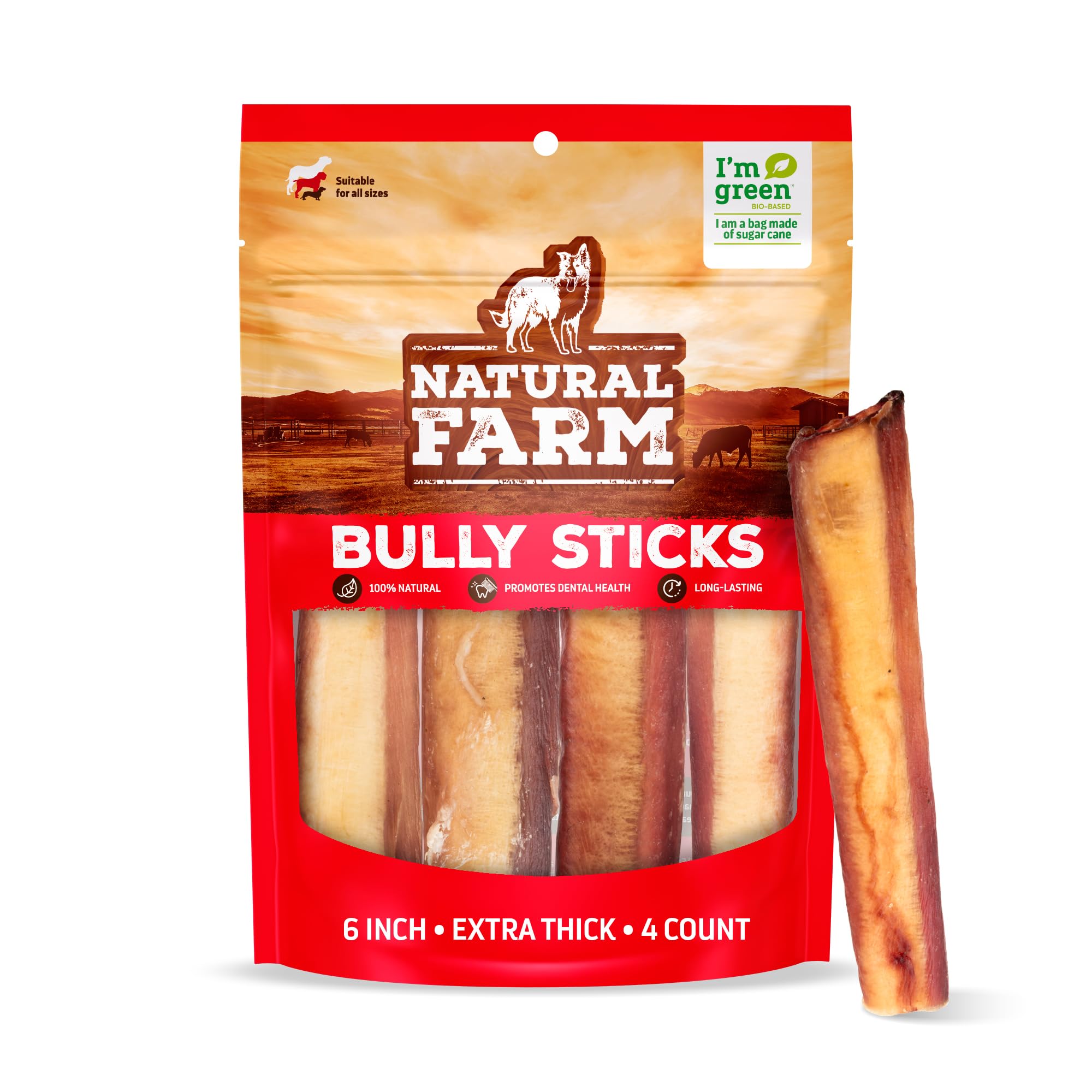 Natural Farm Jumbo Bully Sticks (6 Inch, 4 Pack), Odor Free, Extra-Thick Dog Chews - Fully Digestible 100% Beef Treats, Supports Dental Health, Keep Your Dog Busy with 50% Longer Lasting Chews