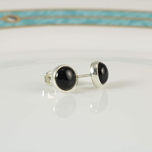 Vista 8 de Sterling Silver Black Onyx Handmade Round Stud Earrings for Women & Men - 9mm Black Onyx Cabochon