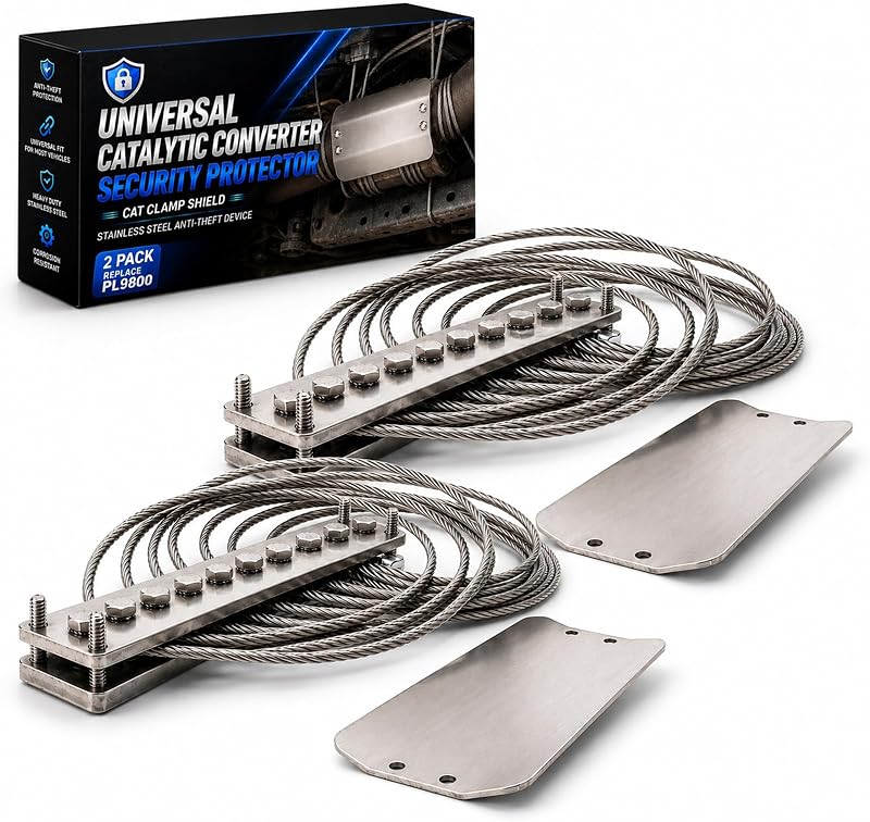 Protetor antifurto do catalisador FOMIUZY com cabo e placas de aço inoxidável PL9800 – Kit para 2 catalisadores