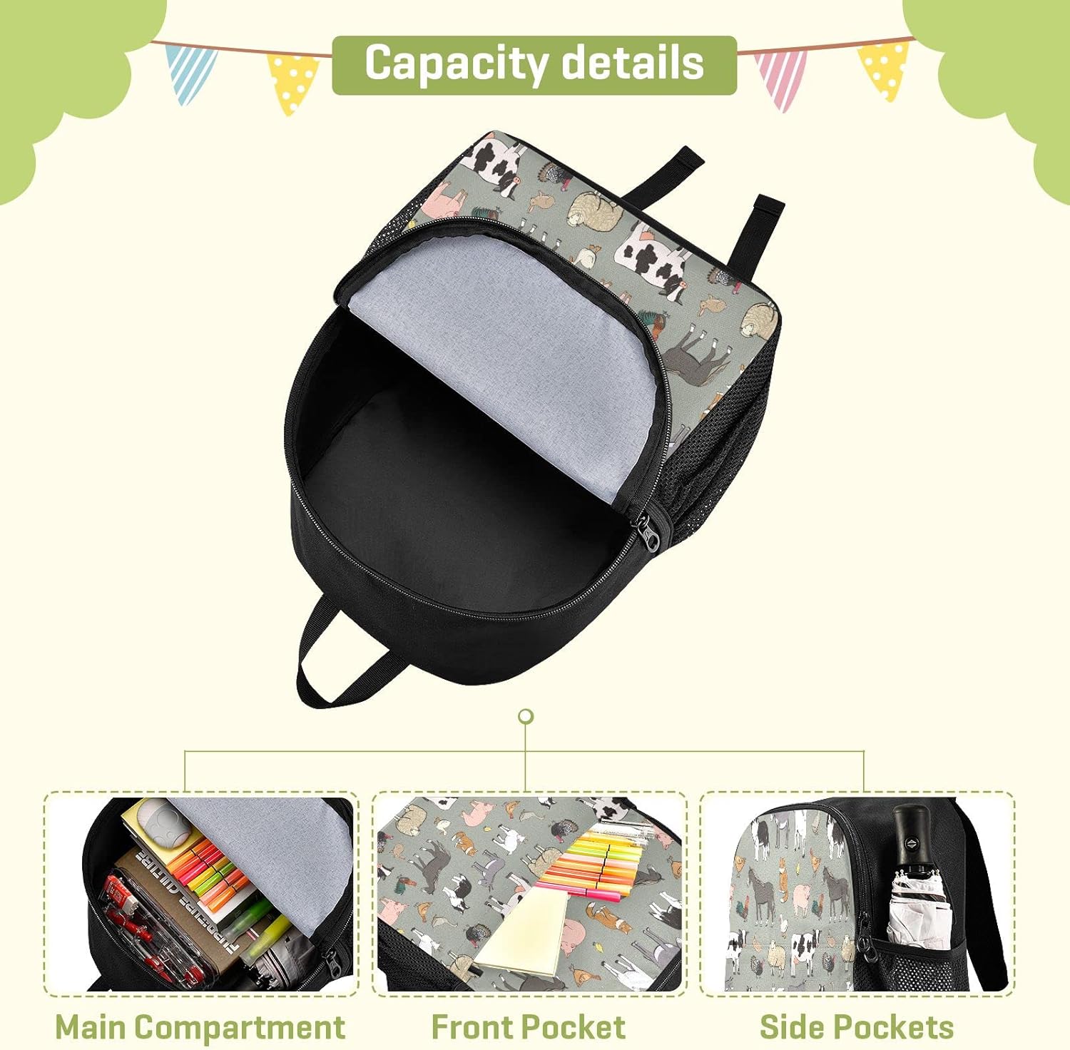 Blueangle Farm Animals Pattern Print Waterproof Backpack - Lightweight Backpack Boys Girl 3-6 Year School Bag - Image 4