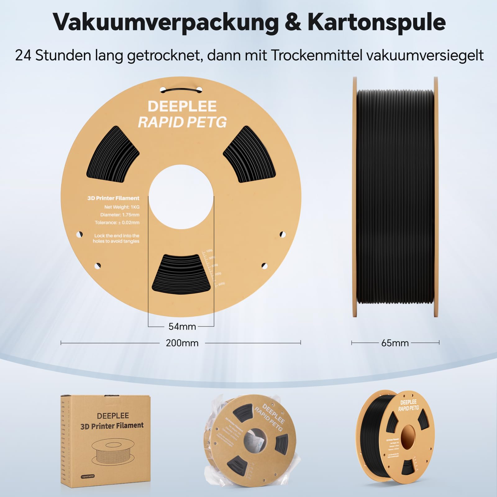 DEEPLEE PETG Rapid 1.75mm - Zestaw 4 cewek Czarny, Biały, Szary i Przezroczysty (4x1kg) 4 kg - Prędkość 600 mm/s i wysoka odporność na uderzenia - Kompatybilny z drukarkami FDM