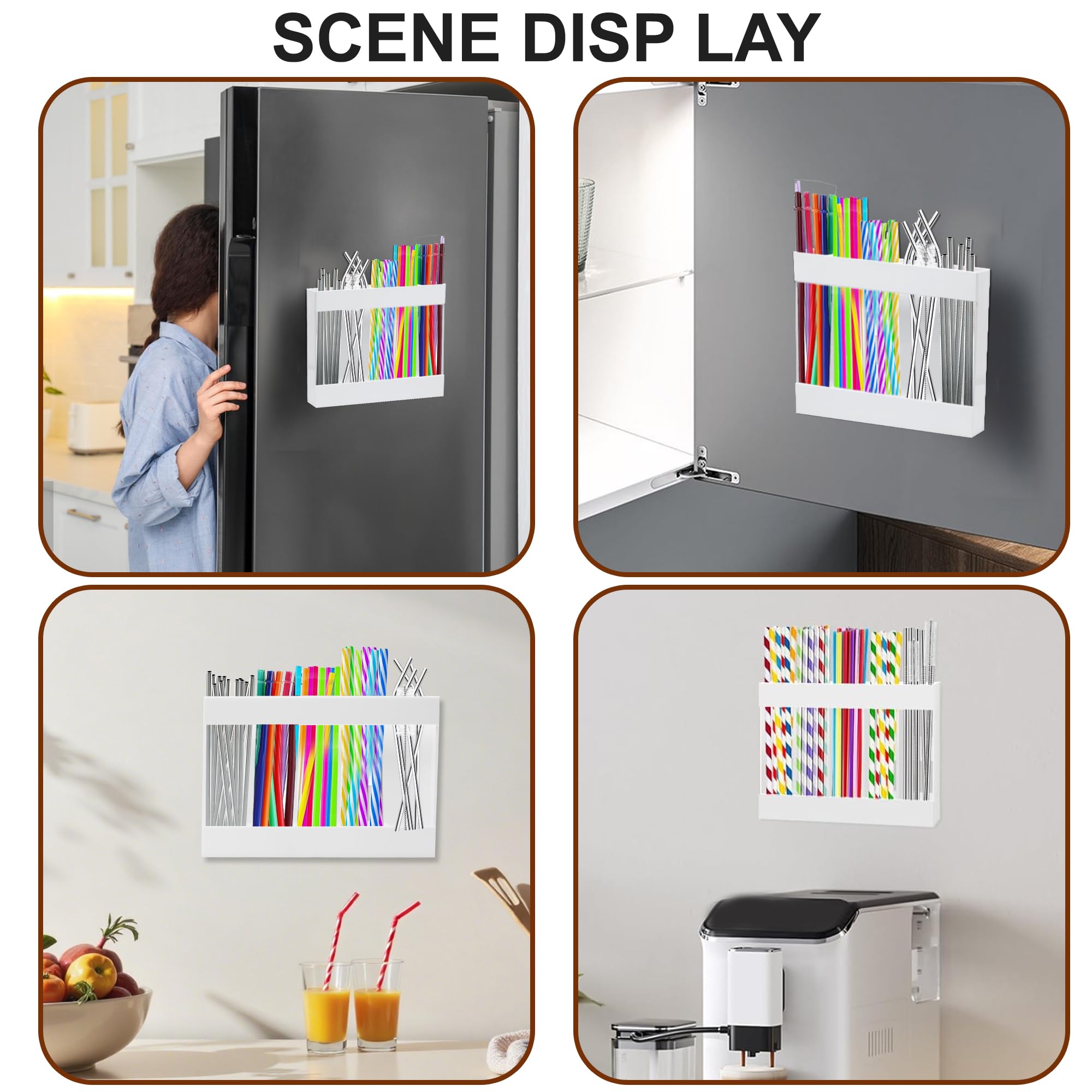 Grande supporto per cannuccia in acrilico per porta dell'armadio, 24,1 cm, riutilizzabile, organizer per cannucce con nastri adesivi, contenitore da cucina per banconi, armadietti, cucina, bianco
