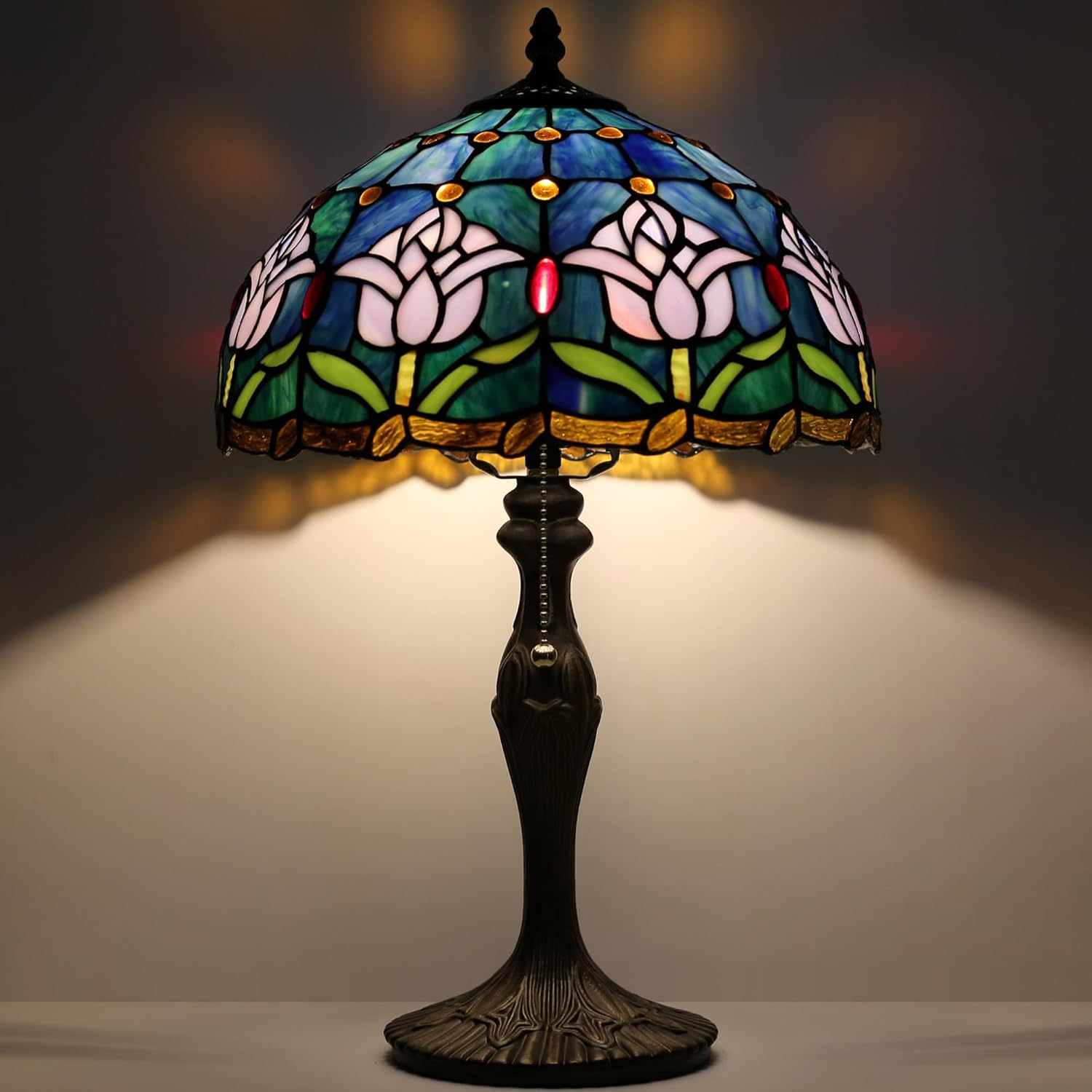 Tiffany Lamp Stained Glass Table Lamp 12” x 19” Pink Tulip Style Decorative Lamp Bedside Reading Lamp for Desk Living Room Bedroom Office Study Light Home Decor Gift