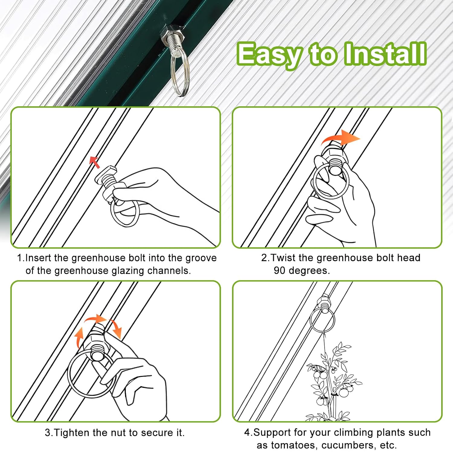 15 Pack Greenhouse Bolts and Rings, Aluminium Cropped Head Greenhouse Bolts and Nuts Accessories with Plant Ties, Plant Hangers Create Fixing Anchors in Channels for New Installations and Repairs