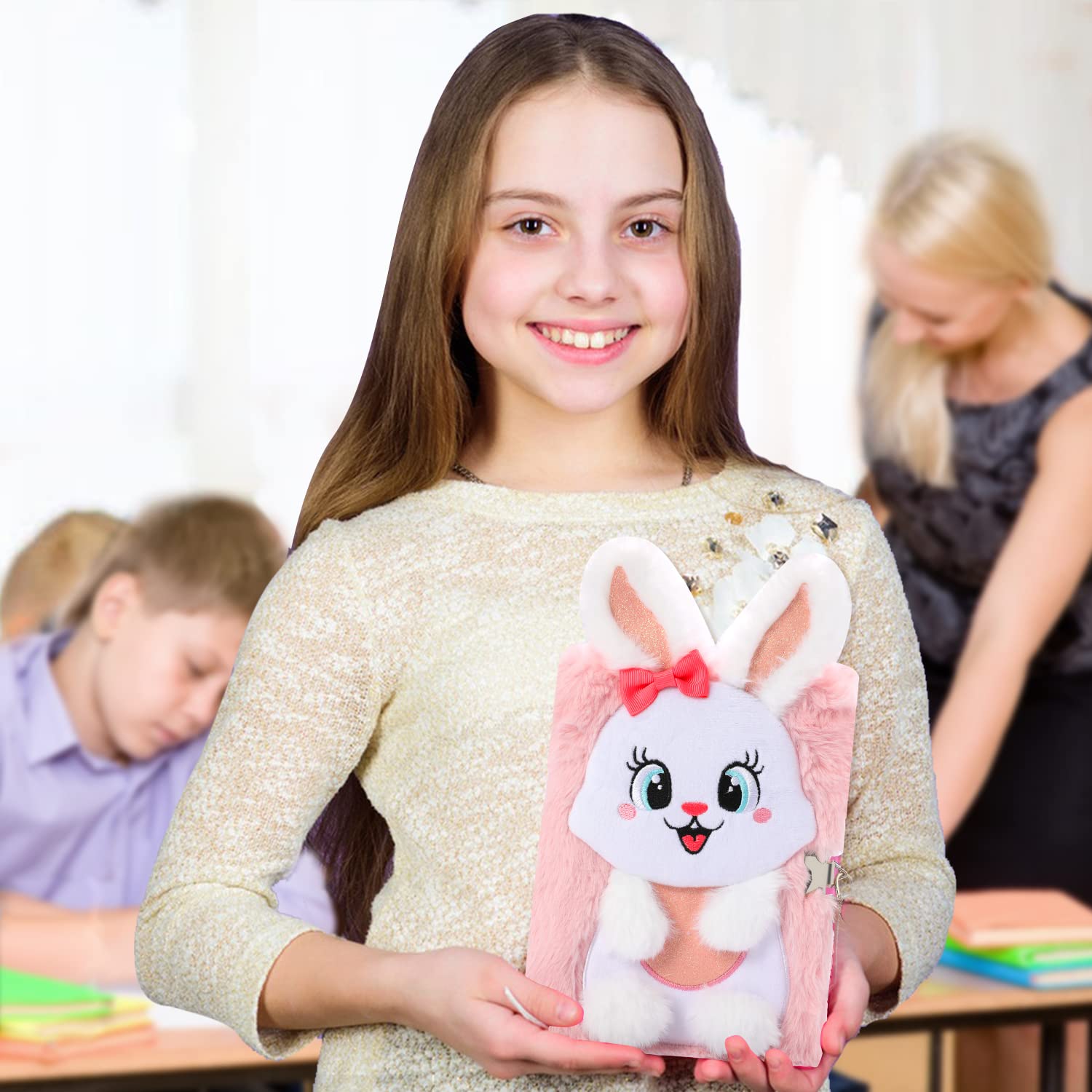 Diario de Conejo para niñas con Cerradura y Llaves, Cuaderno de Peluche Conejo para niños, Diario Secreto con 160 páginas Forradas para Escribir Dibujo, Regalos para niñas — view 7