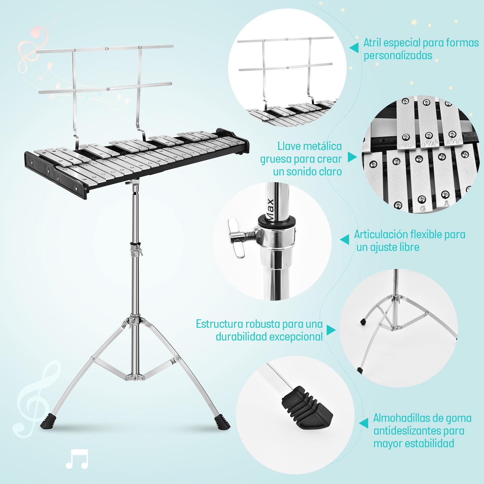 COSTWAY Xilófono de 32 Notas, Instrumento de Percusión Plegable con Soporte Ajustable, Atril, Panel de Práctica, Mazos de Campana, Baquetas de Madera, Juego de Xilófono con Bolsa de Transporte