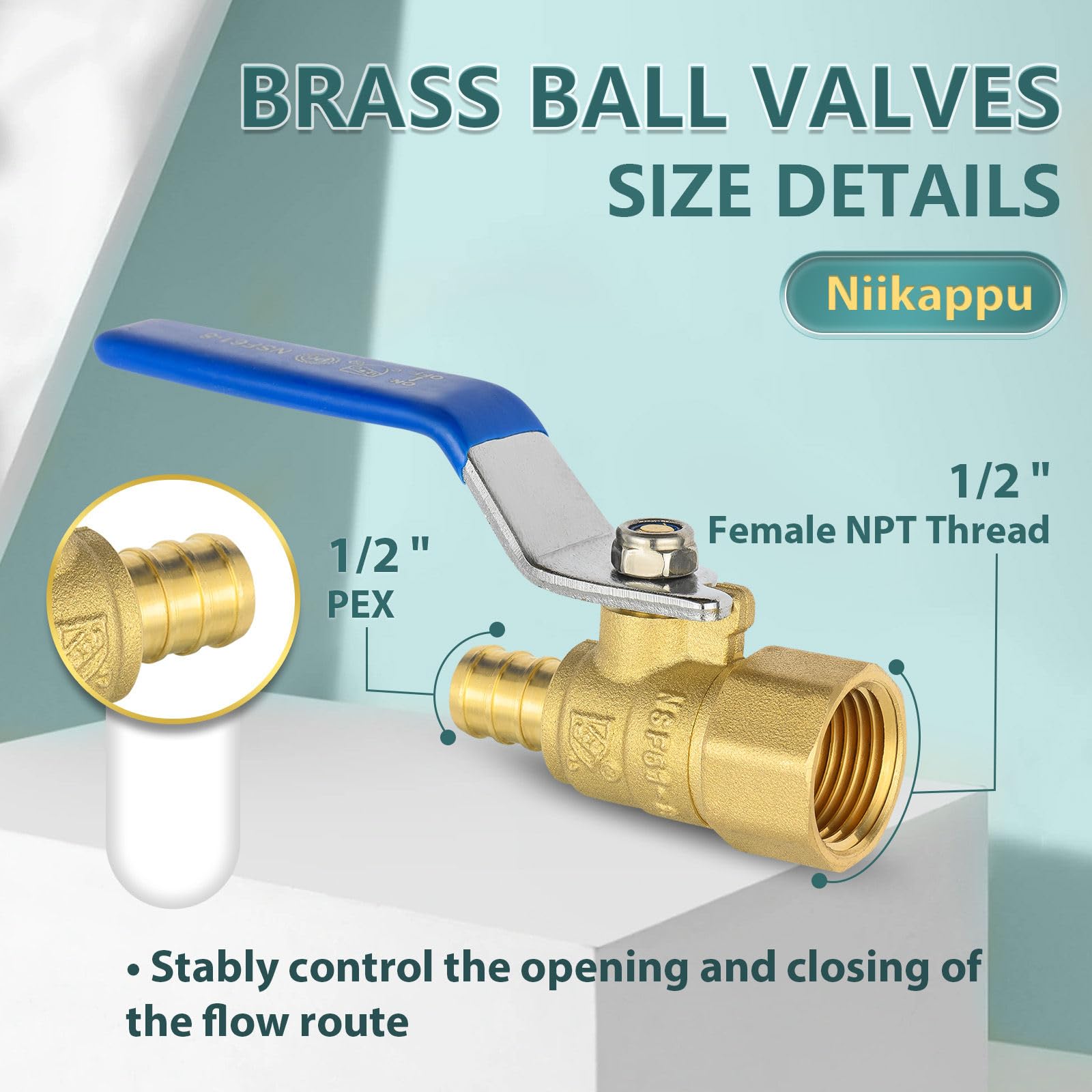 5 válvulas de bola, crimpado Pex de 1/2 pulgada x válvula de cierre NPT hembra de 1/2 pulgada, válvula de bola de cierre Pex B de puerto completo de latón para agua, aire, línea de
