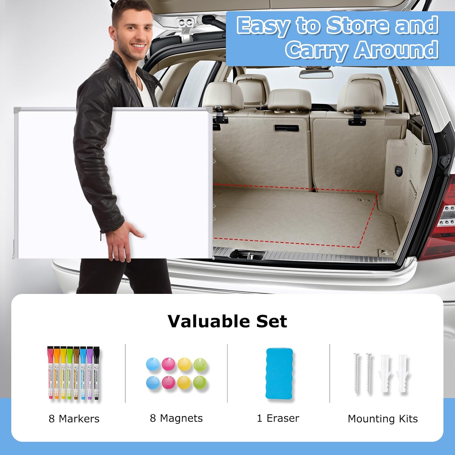 DOLLAR BOSS Large White Board 72 x 40 Inch Foldable Magnetic Whiteboard for Wall, Portable Double Sided Dry Erase Board, Aluminum Frame Message Board for School, Office, Classroom with Eraser, Markers