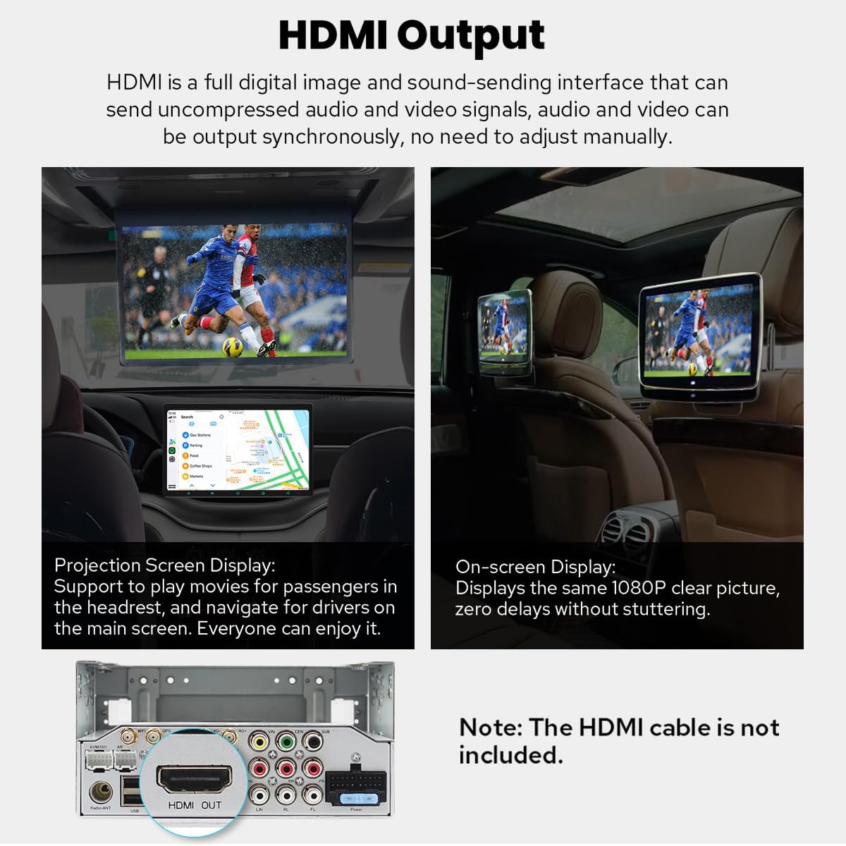 Image showing the HDMI output feature, allowing the car stereo display to be mirrored to rear-seat monitors for passengers.