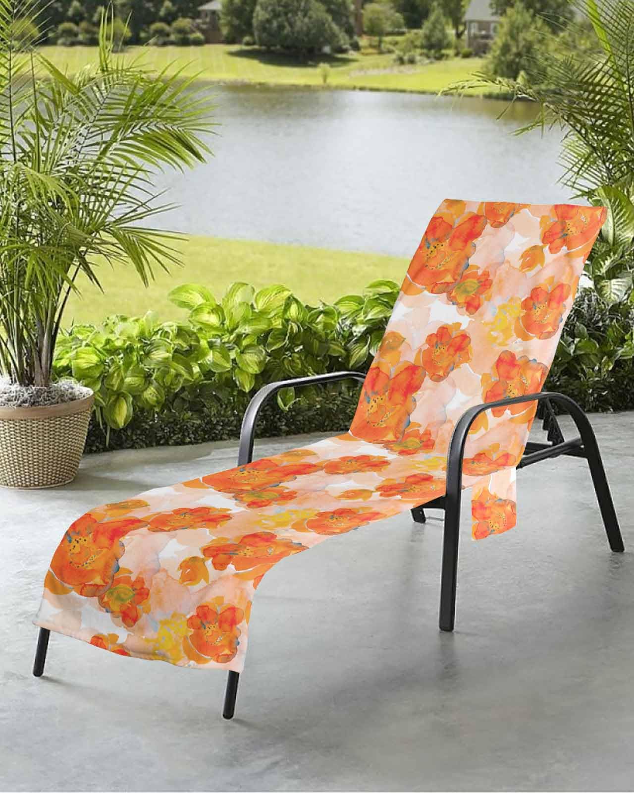 Abstract Floral Beach Chair Towel Covers for Chaise Lounge with Side Pocket, Soft Plush Pool Towels Cover for Patio Sunbathing Outdoor 29''x85'' Botanical Orange Ink Watercolor Plant