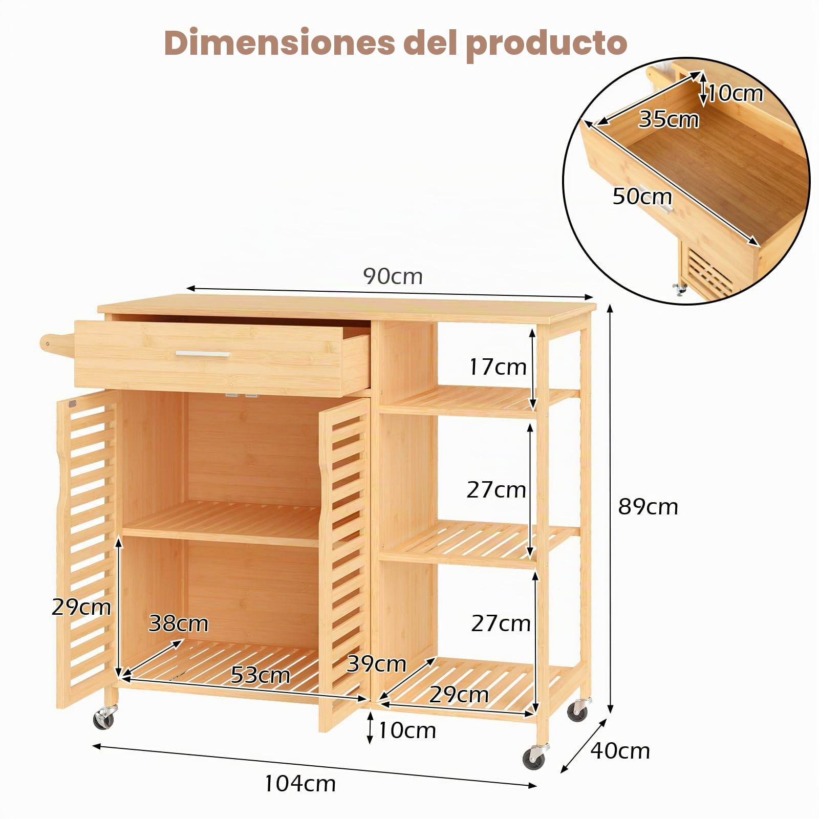 KOMFOTTEU Carrito de Cocina con Ruedas, Isla de Cocina de Bambú, Carro Auxiliar con Cajón, 3 Estantes Abiertos y Armario con 2 Puertas, Organizador Móvil para Comedor, 104 x 40 x 89 cm