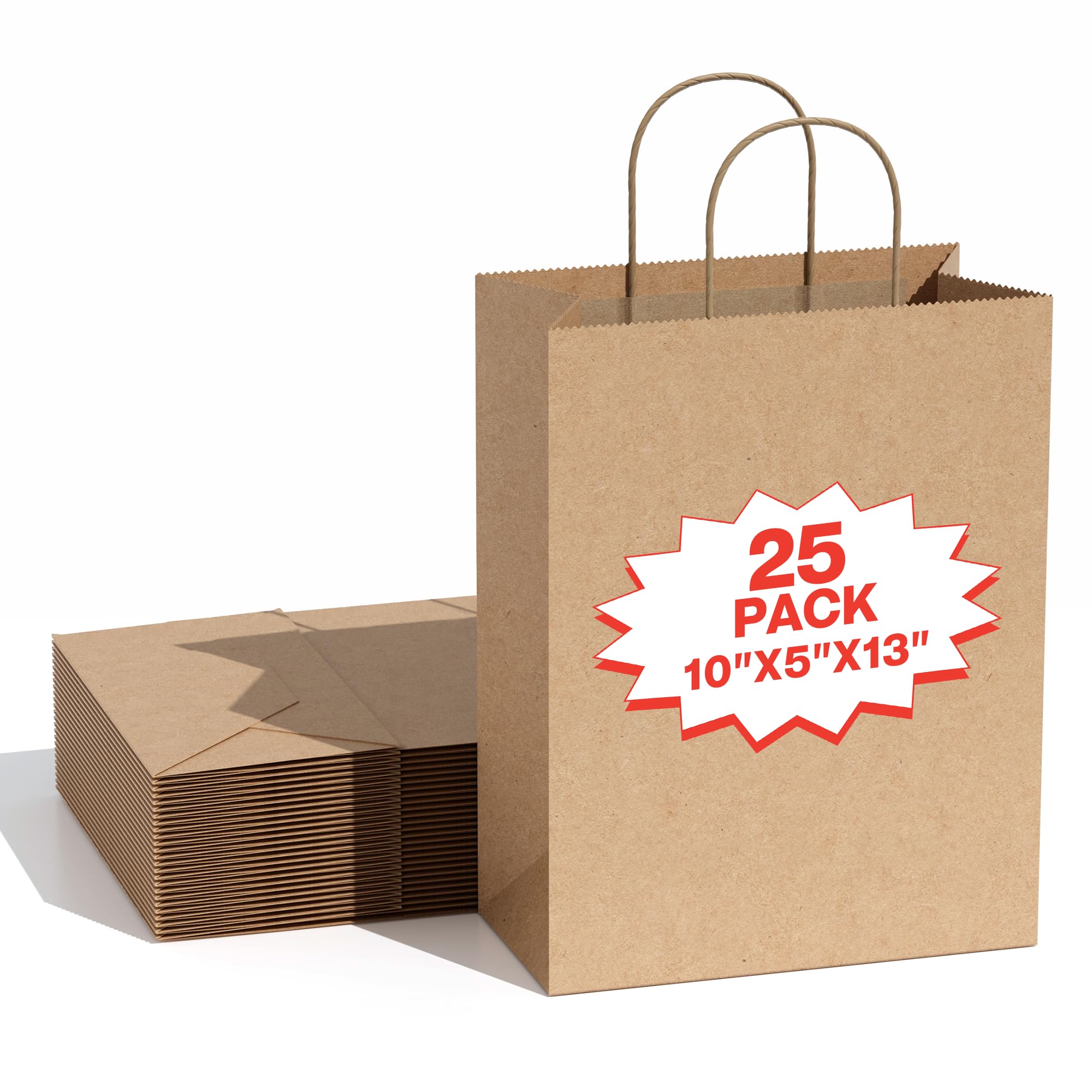 Simple Deluxe 25-Pack 10x5x13 Inch Kraft Paper Bags with Handles, Recycled Natural Brown Gift Shopping Bags for Retail Business Grocery Party Favor Merchandise Bulk