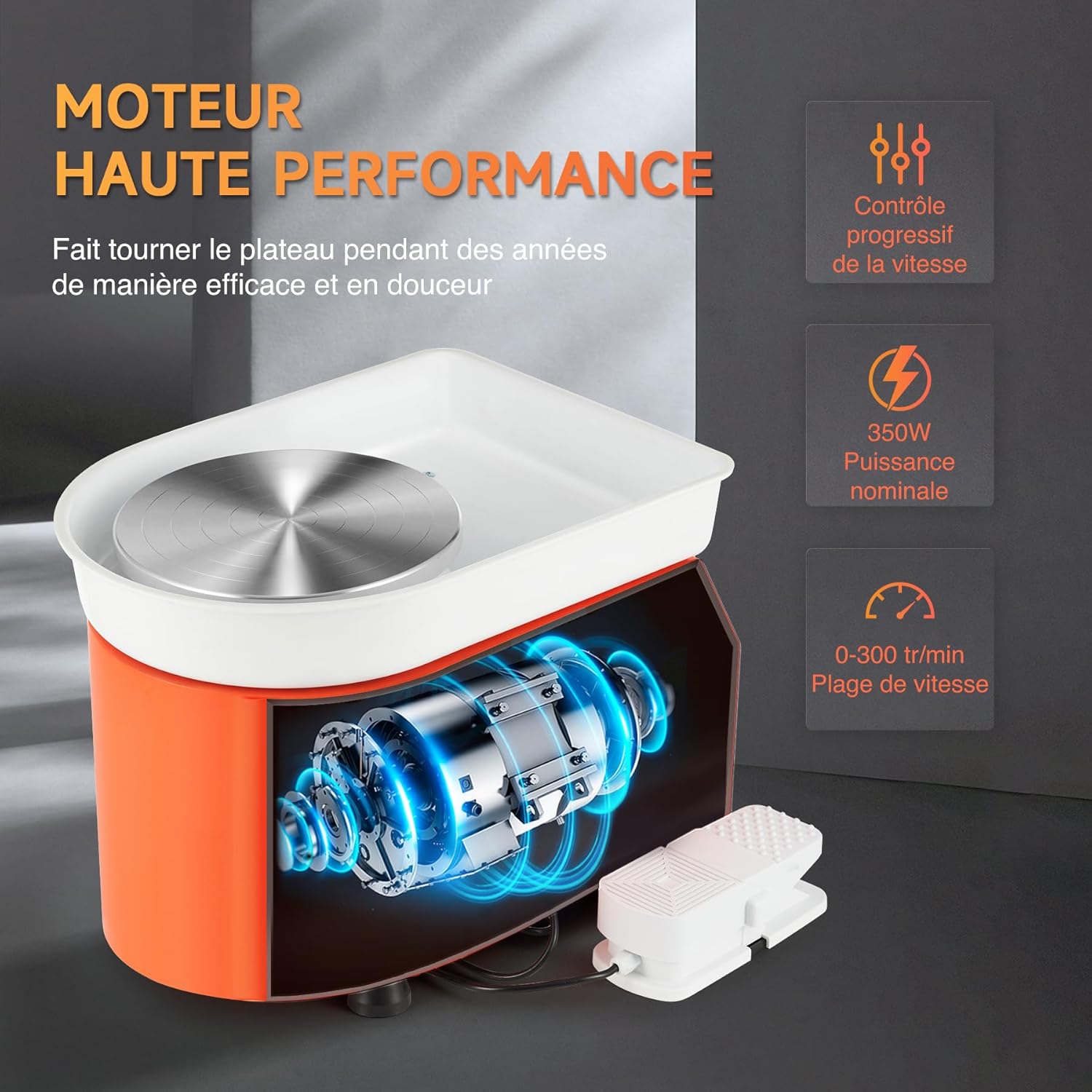 A person's foot operating the pedal of the CREWORKS Electric Pottery Wheel, demonstrating hands-free speed control.