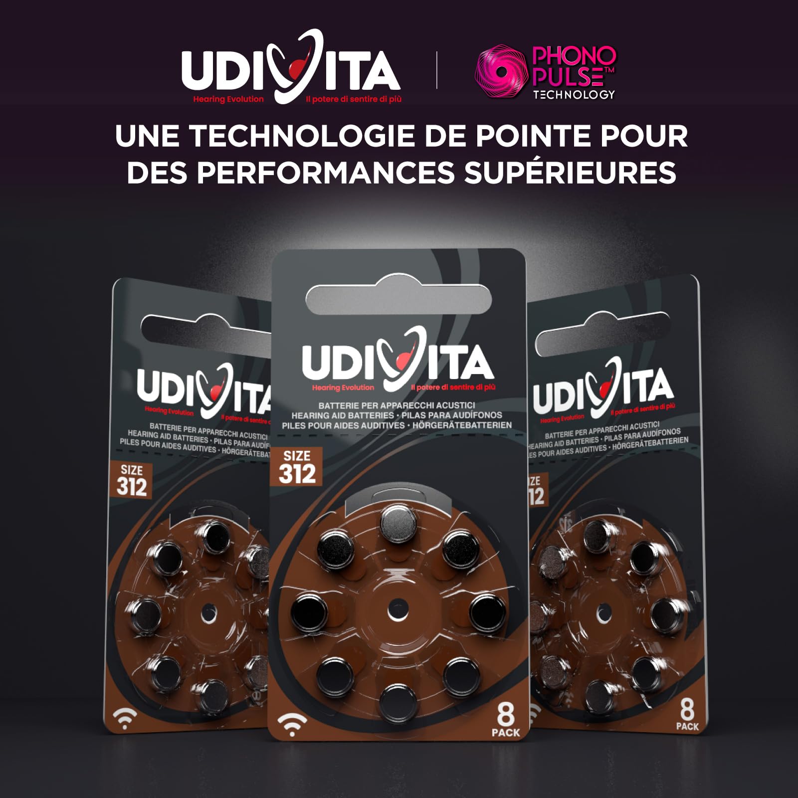 240 Piles Auditives Taille 312 Udivita PR41 Marron, Technologie Phono Pulse