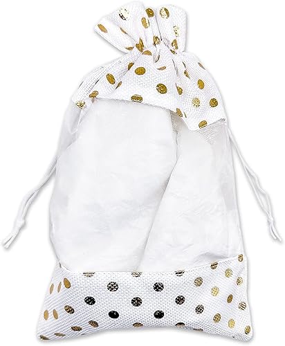 Miniatura 2 de Paquete de 12 bolsas de regalo extragrandes de arpillera de lino y organza con cordones (7.5x11.5 pulgadas, lunares blancosdorados) - Bolsas de