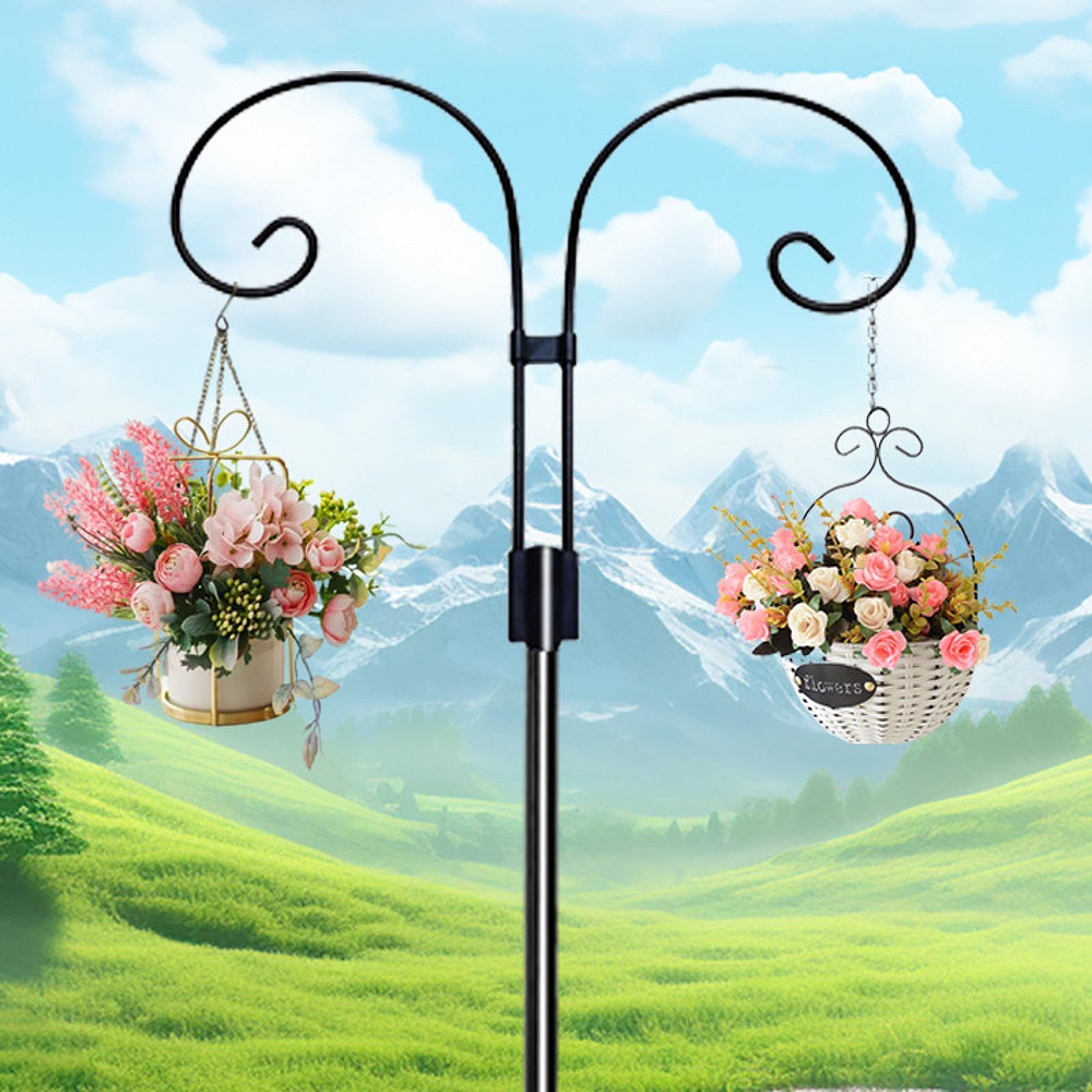 LOVIVER Doppio Gancio da Pastore, Supporto da Giardino sospeso, palo per mangiatoia per Uccelli in Ferro, Gancio da Giardino per Decorazioni Nuziali, Altezza 2.4 M