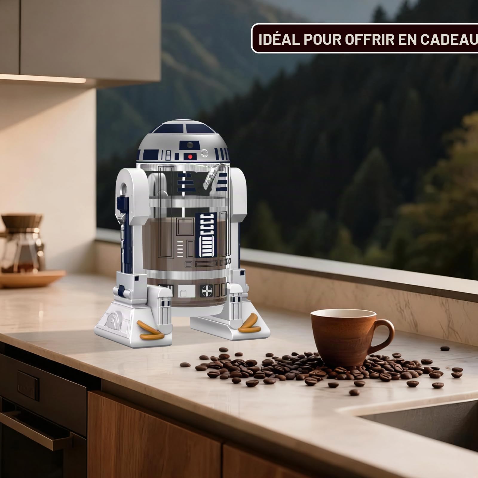 TEENKON Cafetière à piston française isolée en acier inoxydable 304, robot R2D2 de 946 ml, avec écran de filtre pour infusion du café et du thé (blanc)
