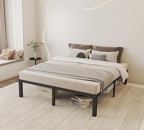 Miniatura 7 de ROIL Marcos de cama King de 14 pulgadas de madera con listones de madera, plataforma de metal resistente de 3500 libras, no necesita somier, tapones