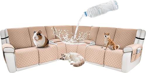 Miniatura 65 de Fundas impermeables para sofá reclinable seccional en forma de L, funda para sofá seccional reclinable de 7 piezas, antideslizante, lavable, juego