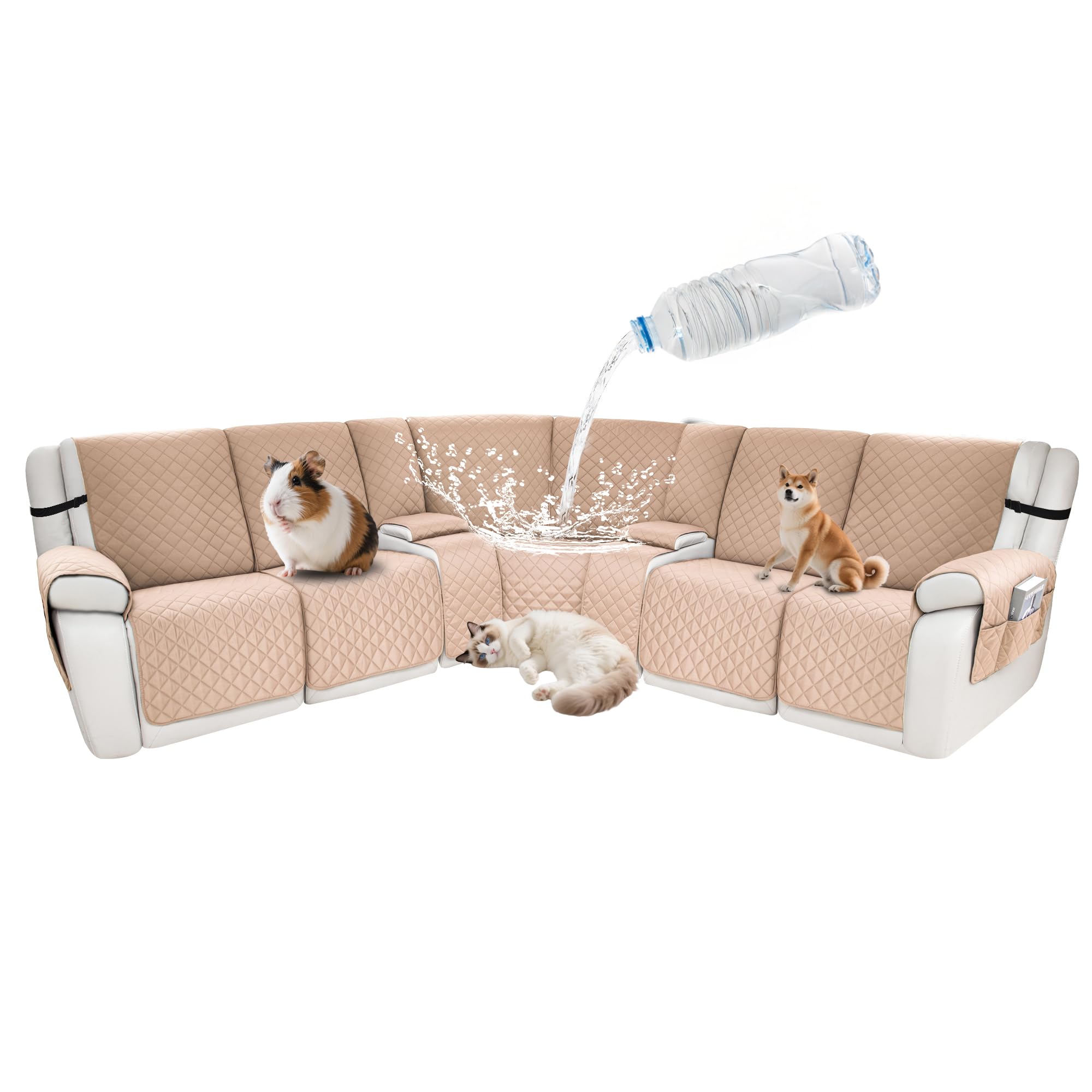 Waterproof Sectional Reclining Couch Covers L Shaped Recliner Sectional Sofa Cover 9 Piece Non Slip Washable Corner Recliner Slipcover Set for Pet Dog (5 Seater 2 Console Cover, Apricot)
