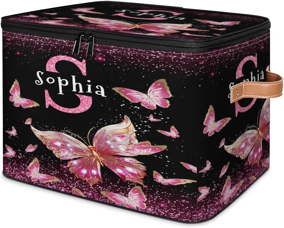 Custom Storage Baskets Named with Zipper Lid, Personalized Initial Letter Storage Bins Basket Boxes for Clothes Bedroom Closet Shelves, Shiny Gold Pink Butterfly with Glittering Dreamy