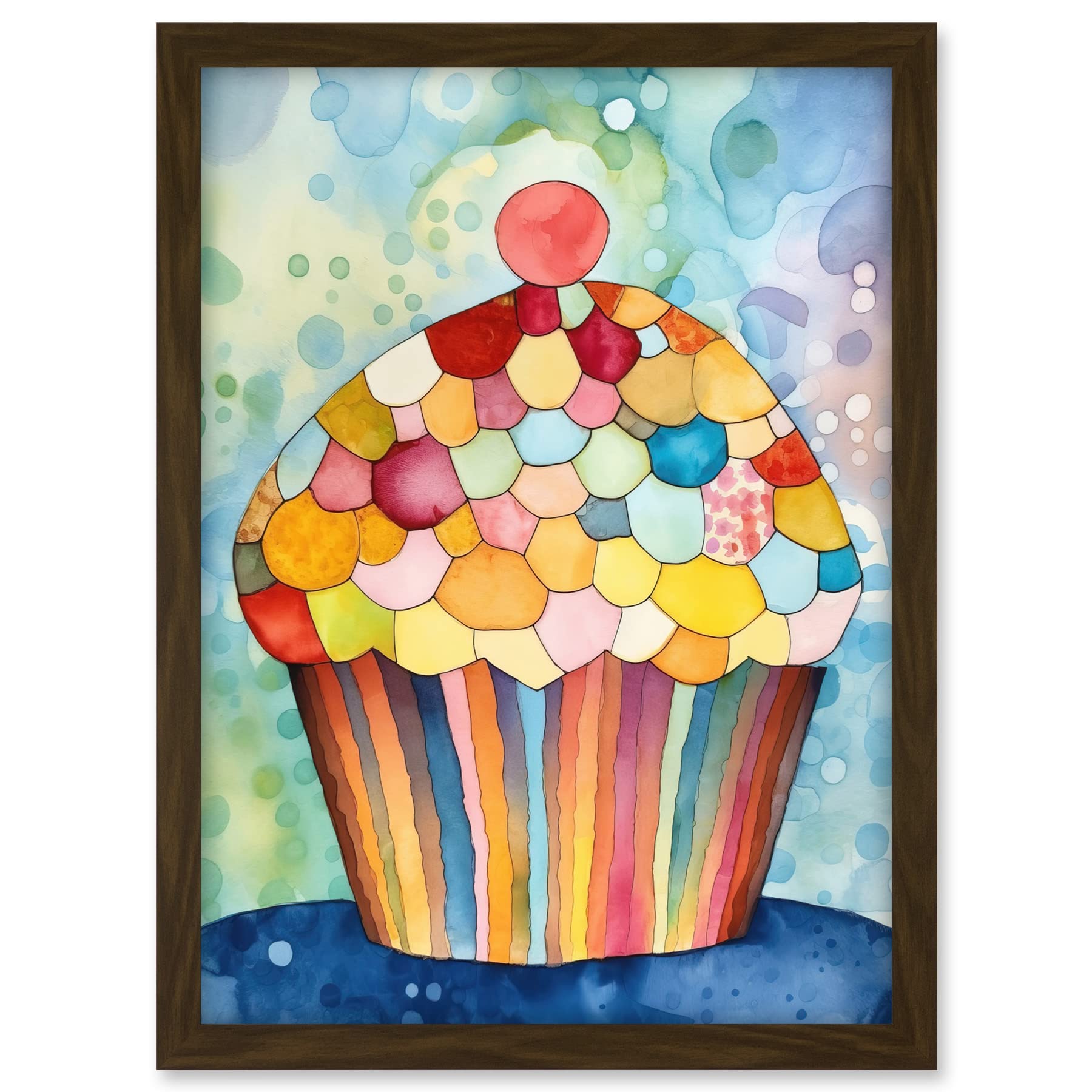 Artery8 Rainbow Pattern Cupcake Folk Art Watercolour Painting Artwork Framed A3 Wall Art Print