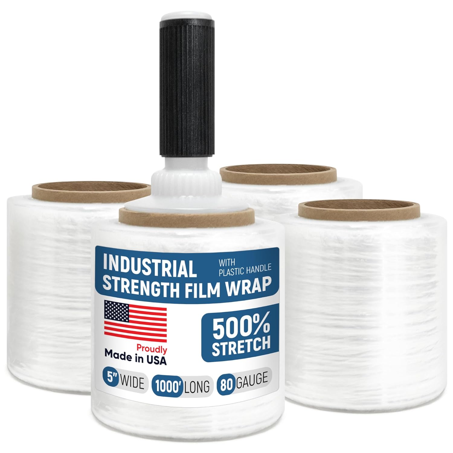 5” x 1000’ Stretch Wrap Mini 12 Rolls with Handle – Clear Plastic Stretch Film 80 Gauge, 500% Elongation, Heavy Duty Shrink Wrap for Moving, Packing & Shipping