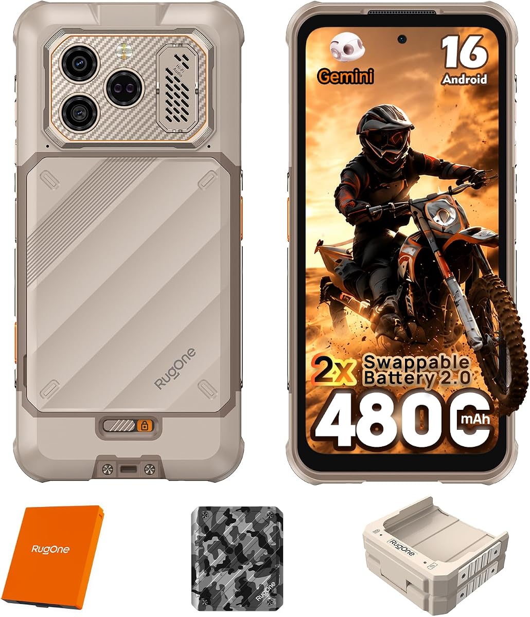 RUGONE Xever 8 Rugged Smartphone, Dual Swappable Batteries 2.0, Android 16 16GB+256GB MTk Helio G200, 6.5" 120Hz 680nits Screen, 64MP+20MP, IP69K · IP68, eSIM/Hi-Fi Audio/Charging Station, Sand Dune