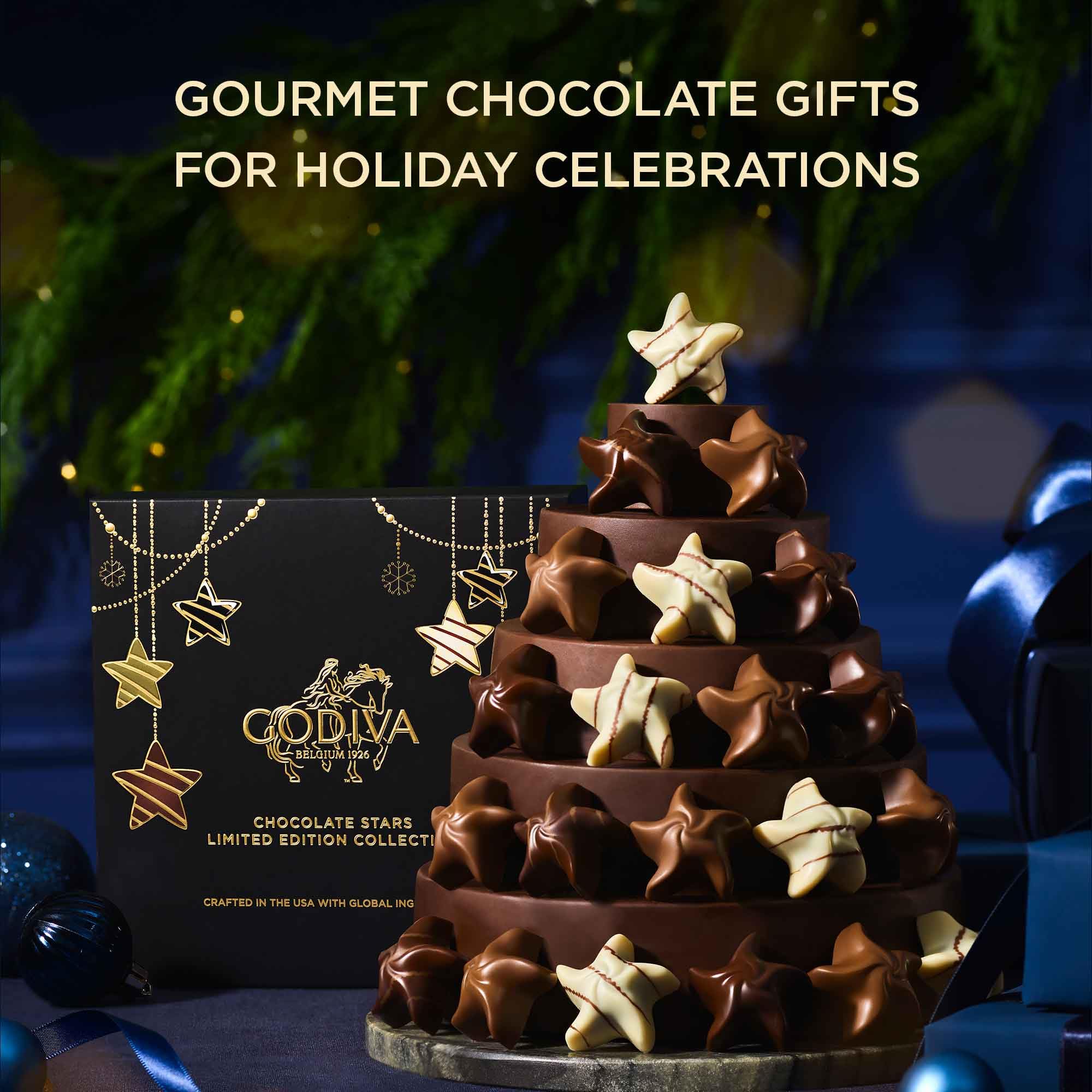 Godiva Holiday Stars Collection Gift Box, Festive Star-Shaped Chocolates with Ganache & Raspberry Filling, Limited Edition Holiday Assortment, 9 Pc