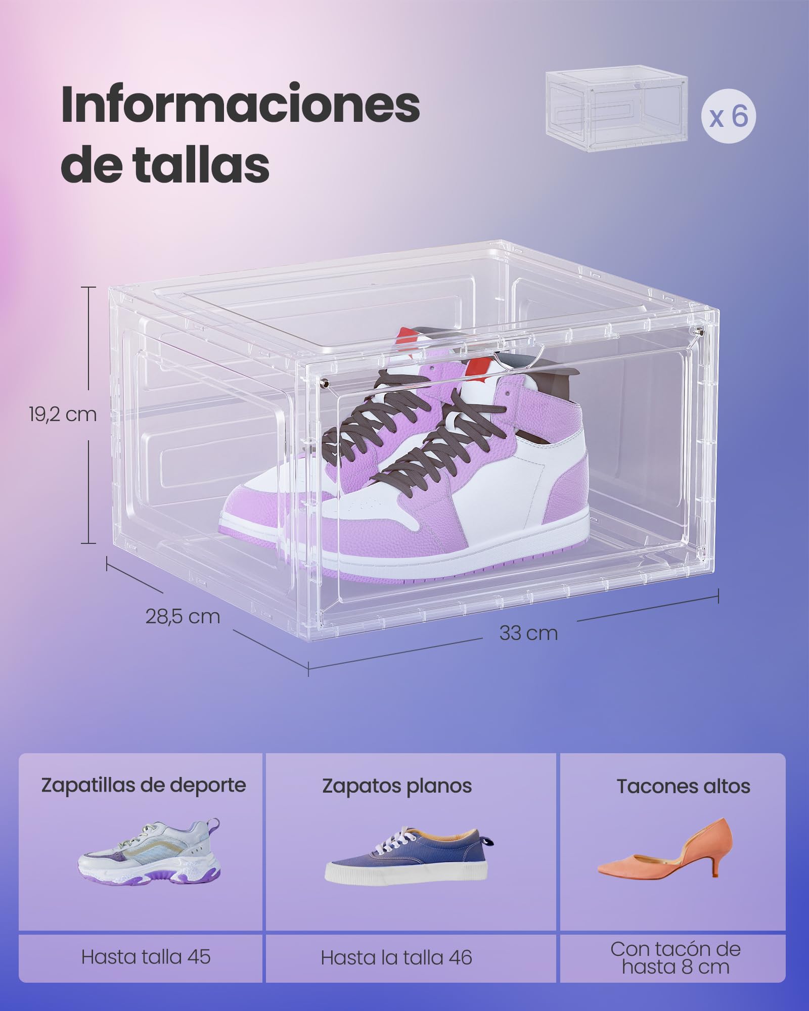 SONGMICS Cajas para Zapatos, Juego de 6, Organizador de Zapatos Transparente, de Plástico, con Puerta, Apilable, 33 x 28,5 x 19,2 cm, para hasta la Talla 46, Blanco Transparente LSP506W01