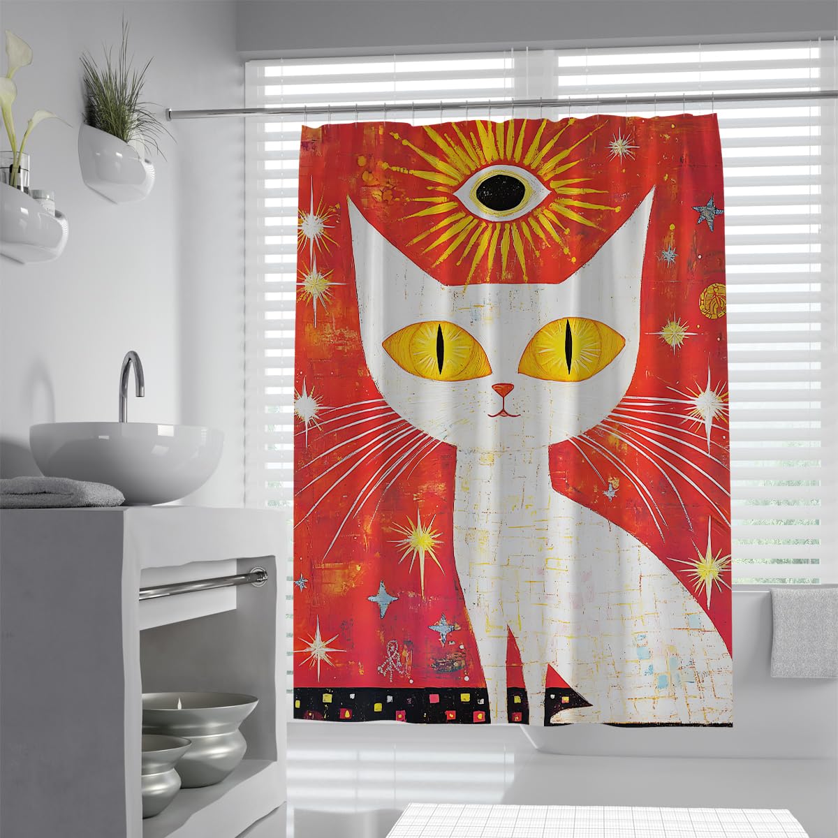 UIRINGART Cat Shower Curtain W90xL180cm Vintage Red White Mystic Sun Stars Waterproof Mould Resistant Washable Fabric Bathroom Curtains Bath Decor with Hooks