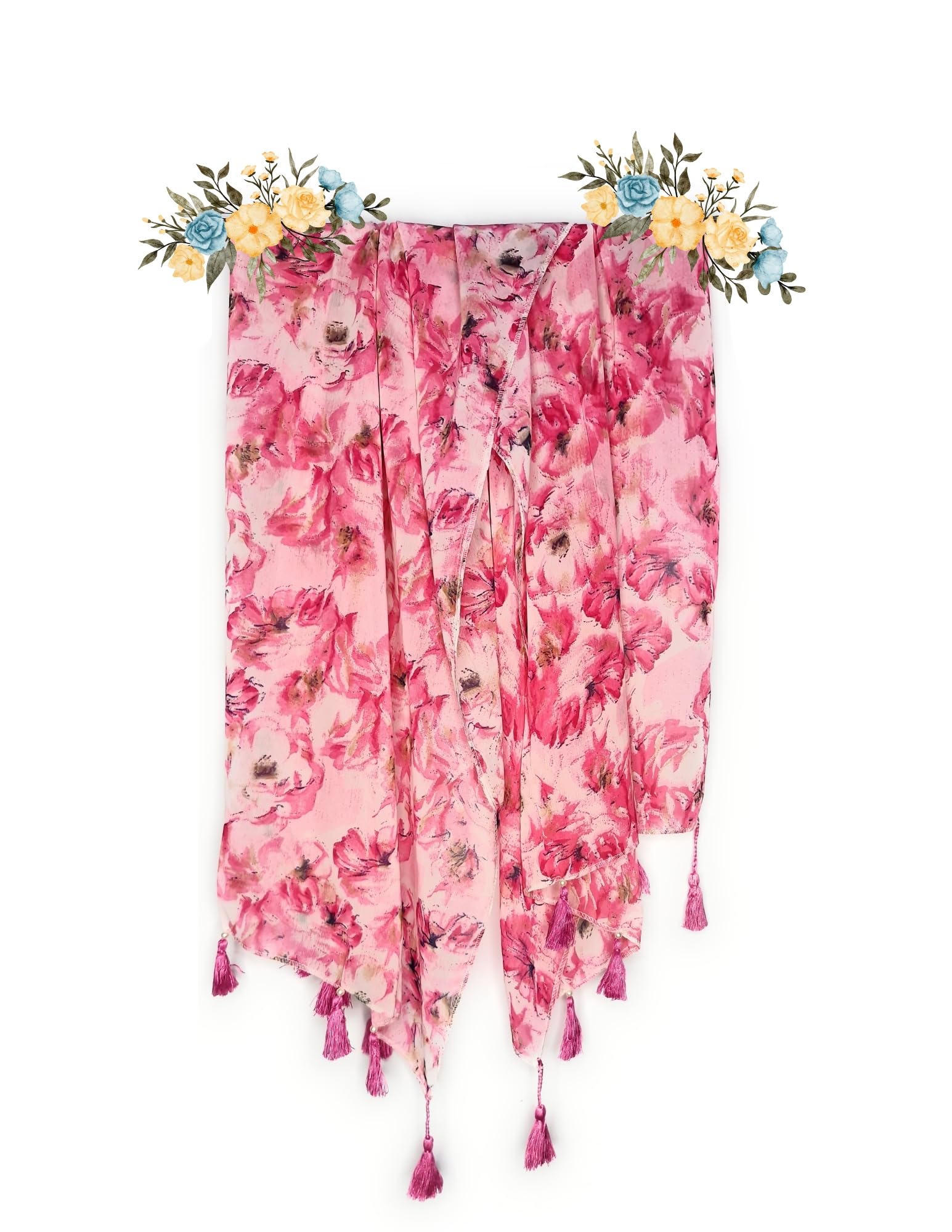 chandwasia Fashion Floral Printed Scarf | Neck Shoulder Head Wrap Styling Dupatta Use | Polyester Chiffon Fabric Tassel Border Lightweight Soft Texture Floral Pattern Women-picture-52
