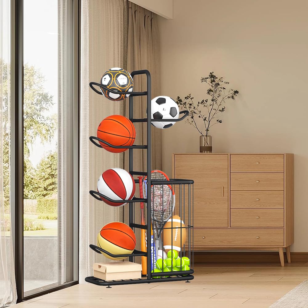Ballständer Basketball Aufbewahrungsregal für Sportgeräte, abnehmbares Standing Rack mit 5 Bällen und Körben
