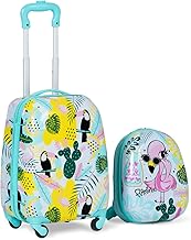 GYMAX Trolley for Children, Set of Suitcase & School Backpack Cute, Flamingo, Kids Suitcase