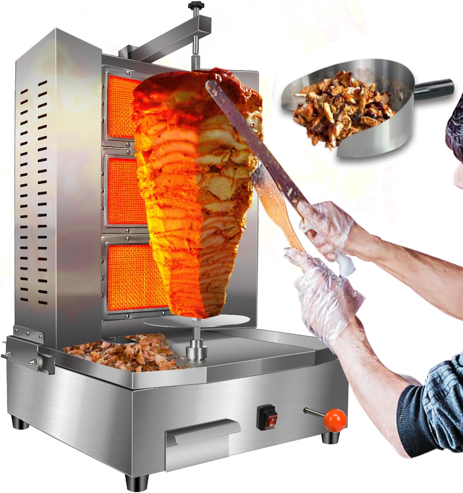 Shawarma Machine 3 Burners Shawarma Grill Machine Propane Doner Kebab Machine with Vertical Rotisserie Meat Catcher for Kitchen