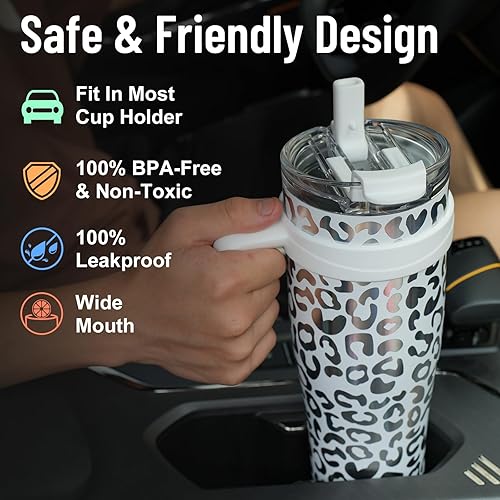 Miniatura 6 de Zukro Vaso de 50 onzas con popote abatible y asa, a prueba de fugas de acero inoxidable aislado al vacío con tapa 2 en 1, apto para portavasos sin