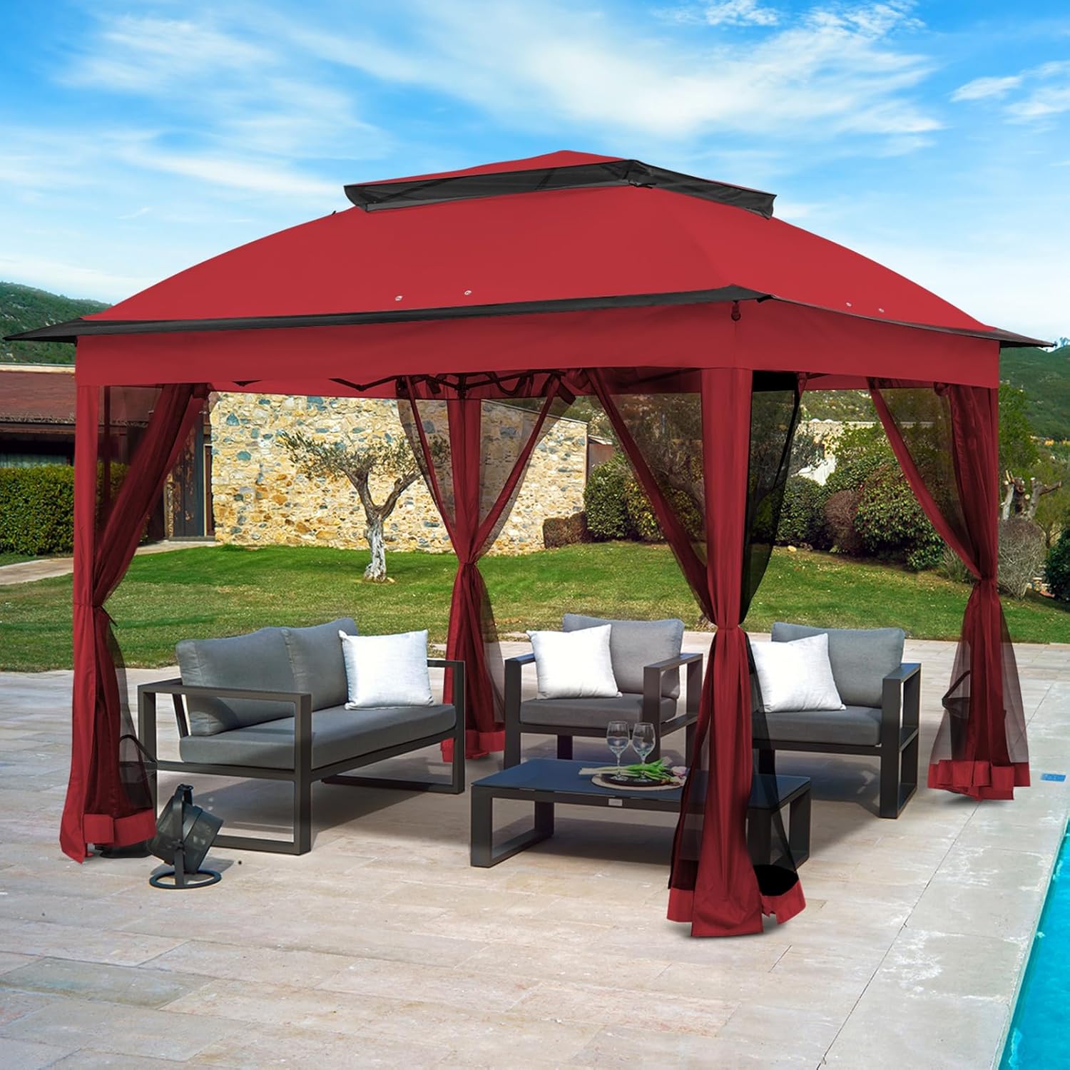 11x11 Pop Up Gazebo Tent with Mesh Netting, Instant Outdoor Canopy with UPF 50+ UV Protection, Water Resistant, Red