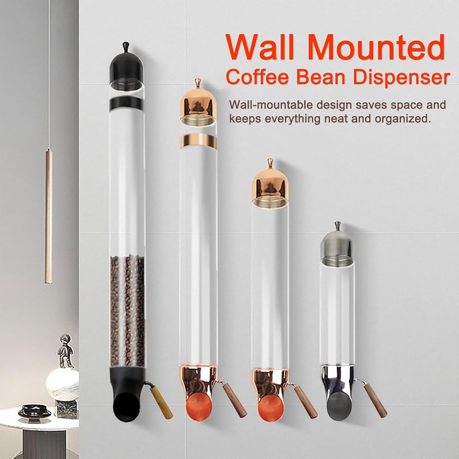 Stainless Steel Coffee Bean Dispenser, Wall-Mounted Cereal Dispenser Storage Container, Glass Tube Diameter 9cm, Adjustable Bean Output, for Displaying Candy, Tea, Grains