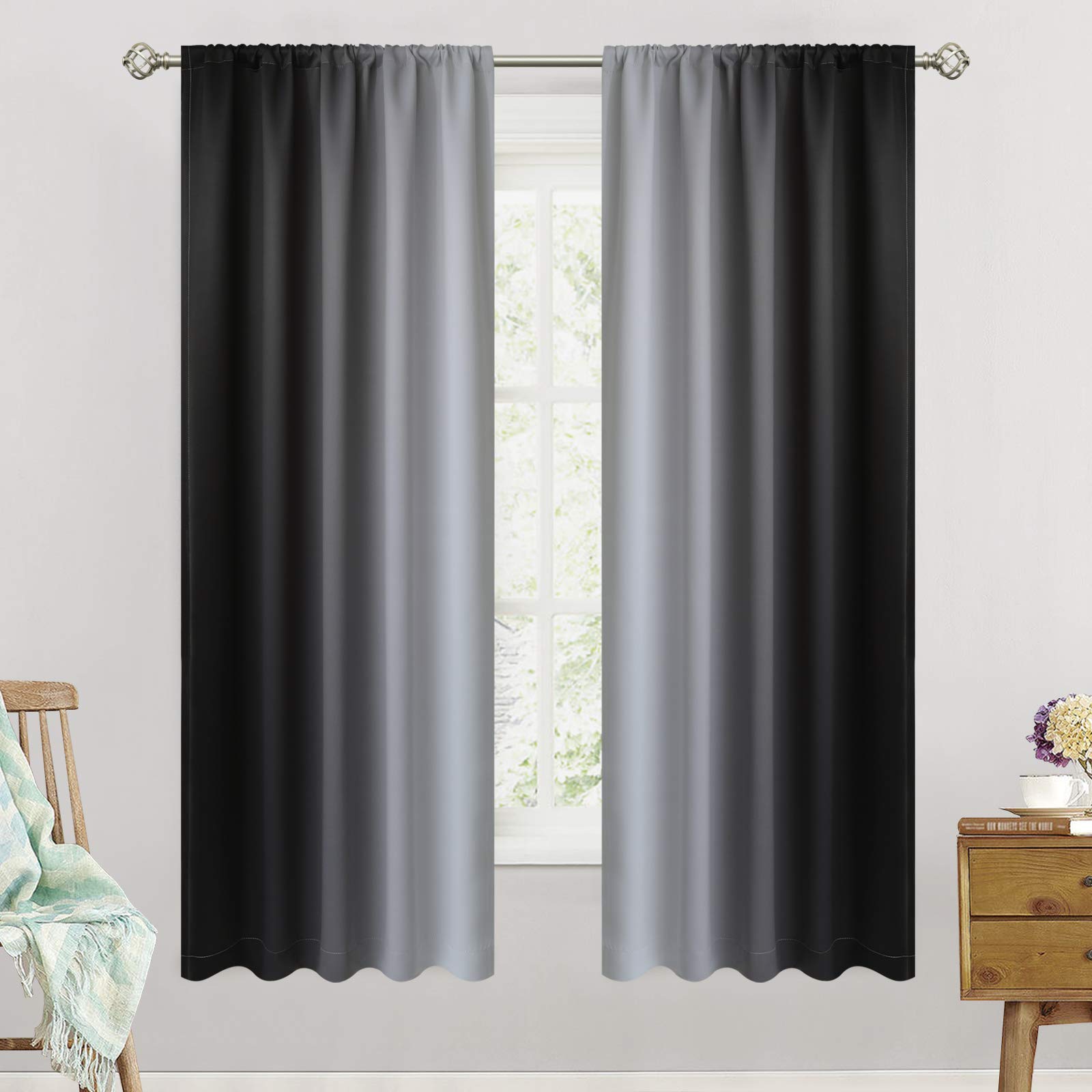 SimpleHome Ombre Room Darkening Curtains for Living Room,Rod Pocket Light Blocking Gradient Black to Greyish White Thermal Insulated Window Curtains