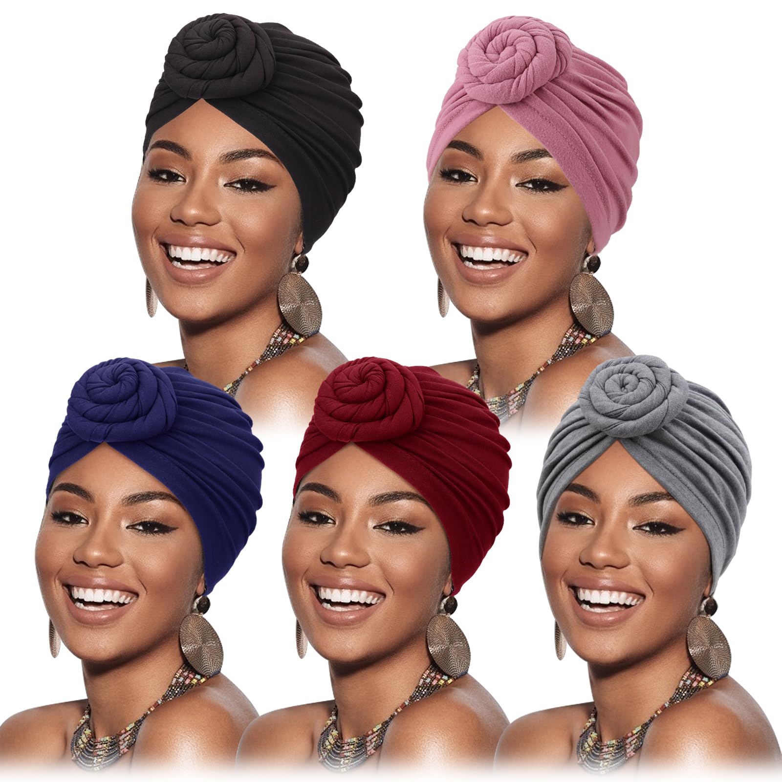 DRESHOW 5 Pack Women Turban African Knot Headwrap Beanie Pre-Tied Bonnet Chemo Cap Hair Loss Hat