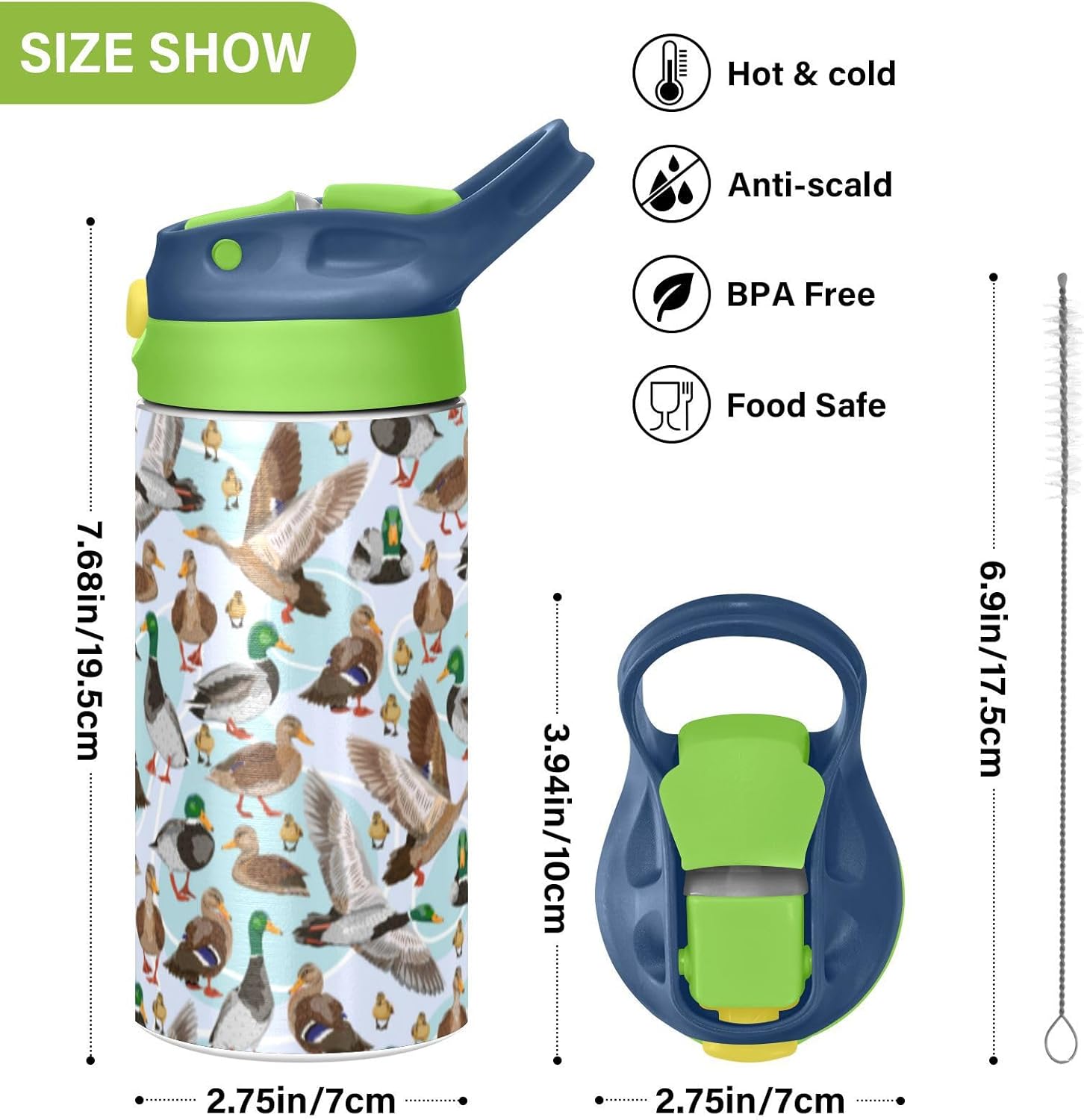 ALAZA Mallard Ducks Pattern Kids Water Bottles with Lids Straw Insulated Stainless Steel Water Bottles Double Walled Leakproof Tumbler Travel Cup for Girls Boys Toddlers 12 oz,Green