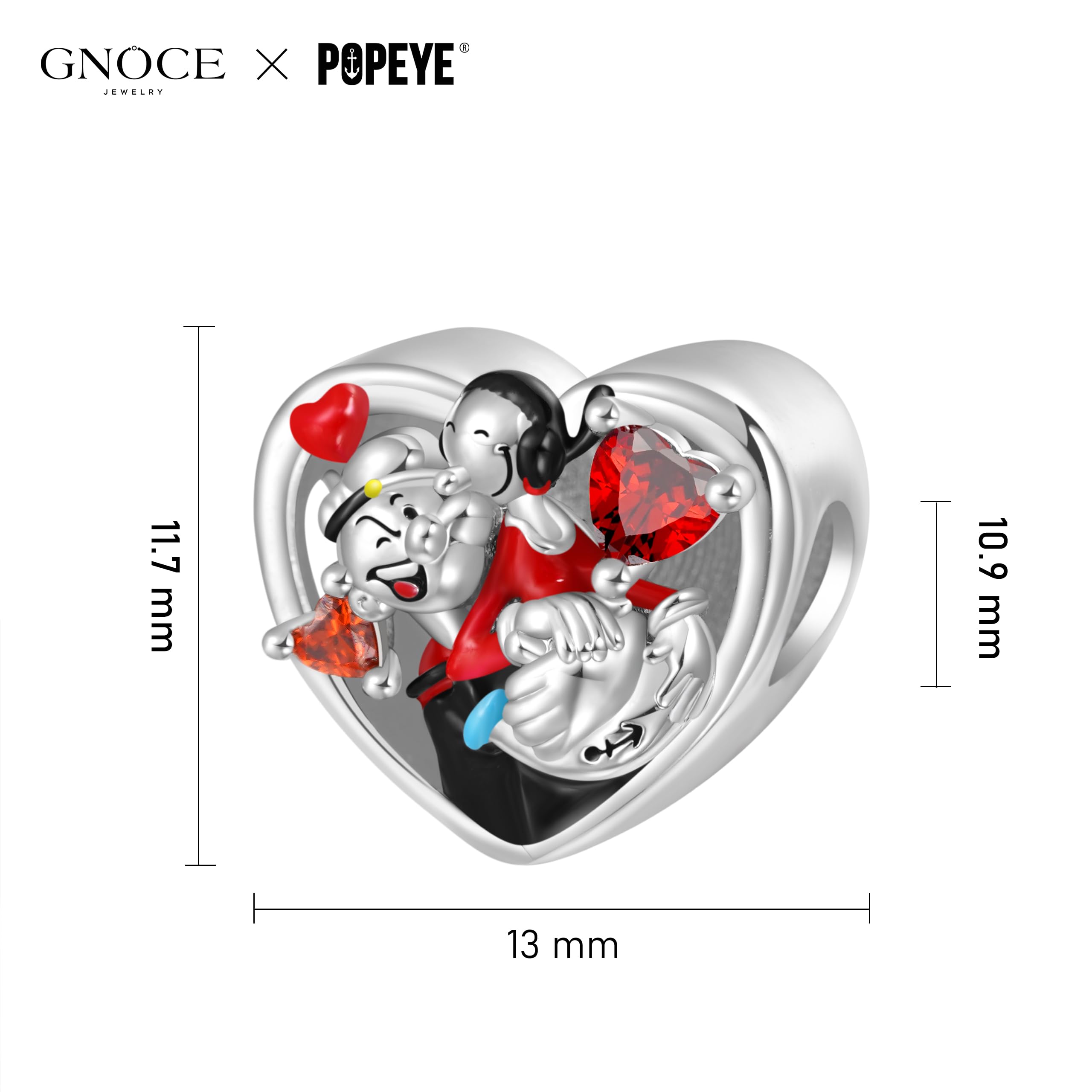 GNOCE Charm Bead Popeye Día de San Valentín Abrazo Corazón Charm Cuentas de Plata de Ley 925 Charms para Mujeres y niñas Joyería Regalo para fanáticos