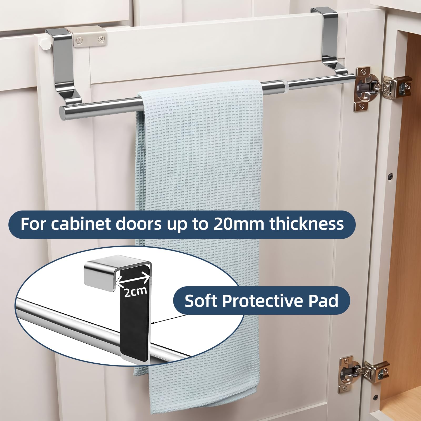 2Pcs Over Door Towel Rail Kitchen Towel Holder Stainless Steel Tea Towel Rail Extendable(22.5-35/30-51cm) with 4 Pcs S Hooks for Hanging for Kitchen Cupboard Bathroom Drawer Cabinet Silver - Image 3