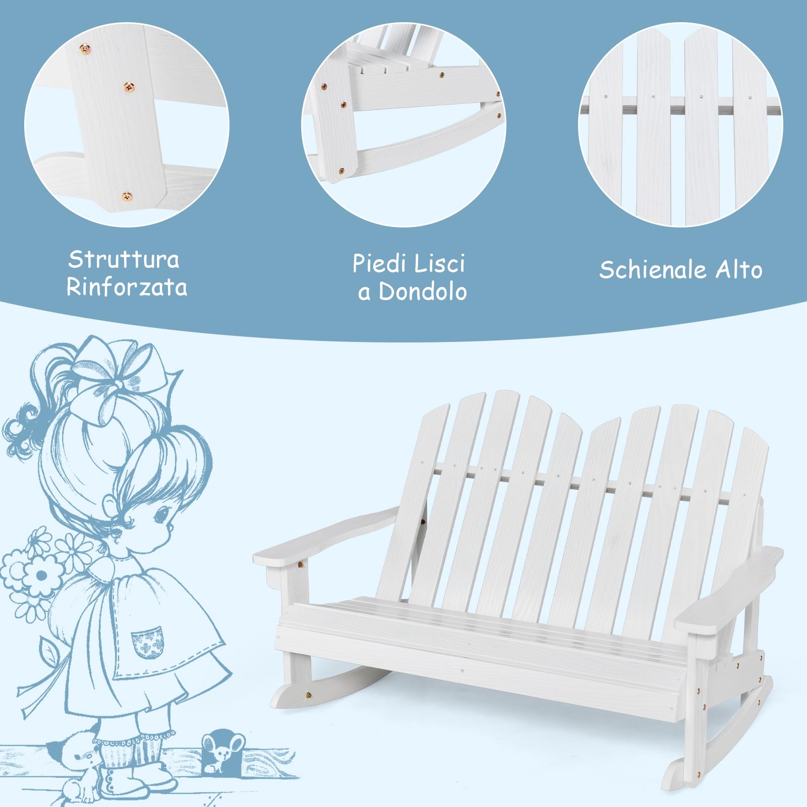 COSTWAY Sedia a Dondolo Adirondack per Bambini, in Legno di Abete, Panchina da Esterno 2 Posti con Dondolio Sicuro, Schienale Alto e Braccioli, Portata 100 kg, Dondolo da Giardino e Balcone (Bianco)